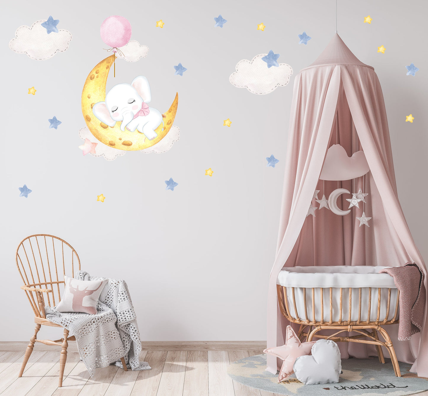 Sleeping Elephant Cute Sleeping Wall Sticker Pink Balloon Star Moon Decal