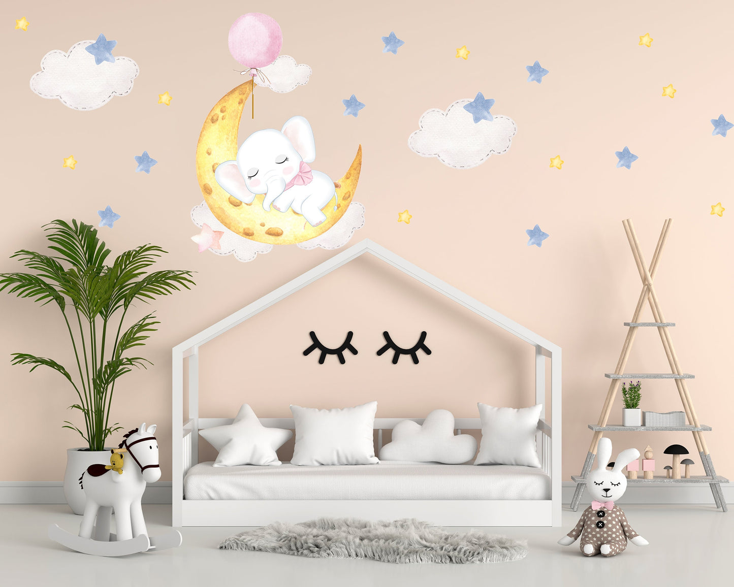 Cute Sleeping Elephant Wall Sticker Pink Balloon Nursery Wall Decal Star Moon Decal