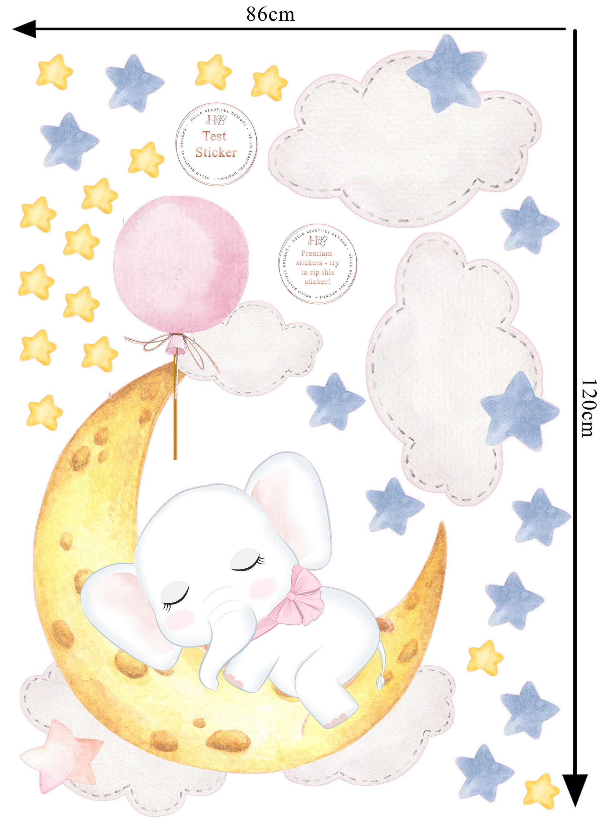 Sleeping Elephant Wall Sticker Cloud Moon Wall Sticker Cute Sleeping Elephant Wall Sticker Pink Balloon Nursery Wall Decal Star Moon Decal