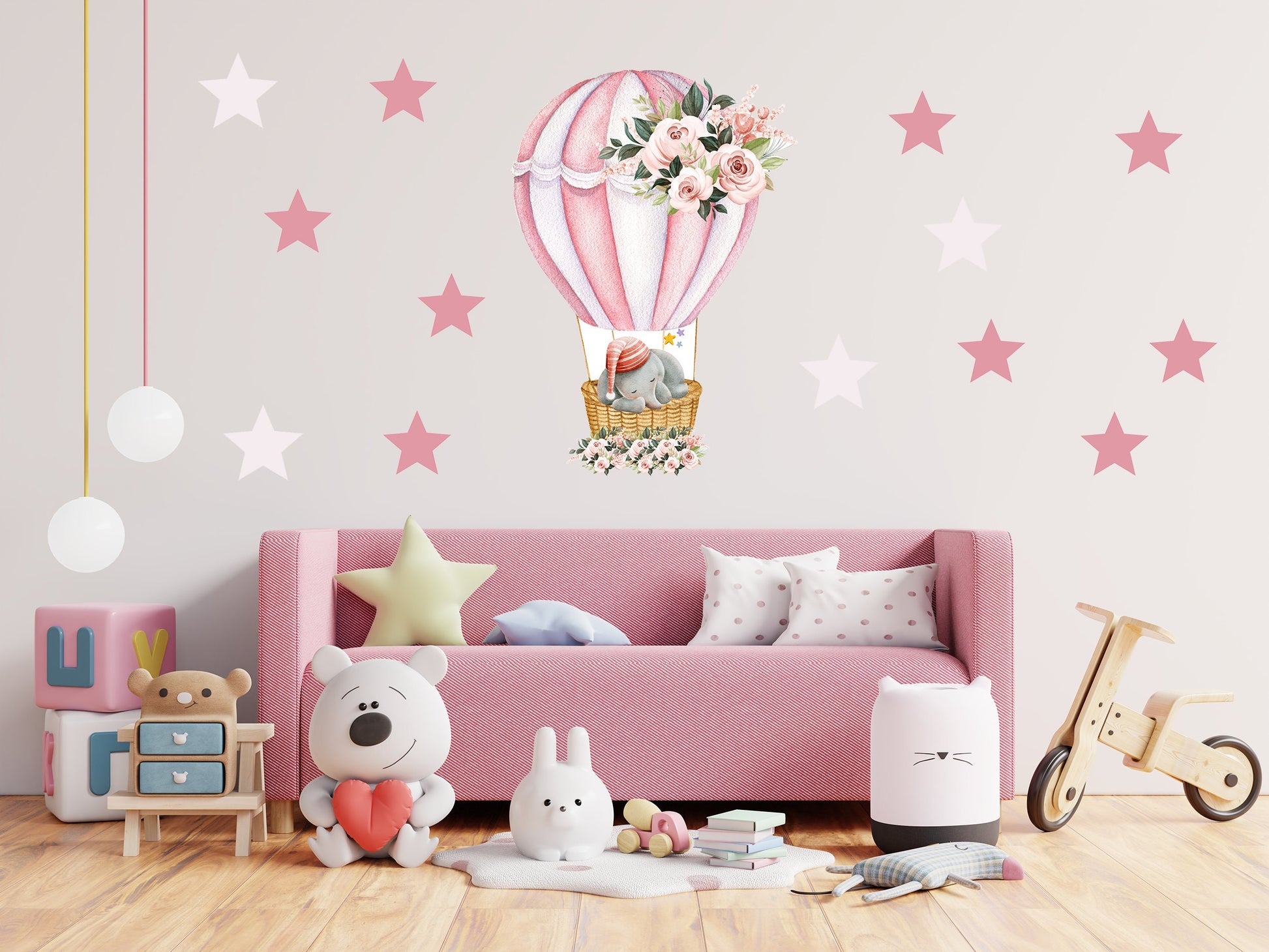 Hot Air Ballon Wall Sticker Sleeping Elephant Wall Decal Cute Nursery Wall Sticker Floral Air Balloon Wall Decal Pink Cute Nursery Decor