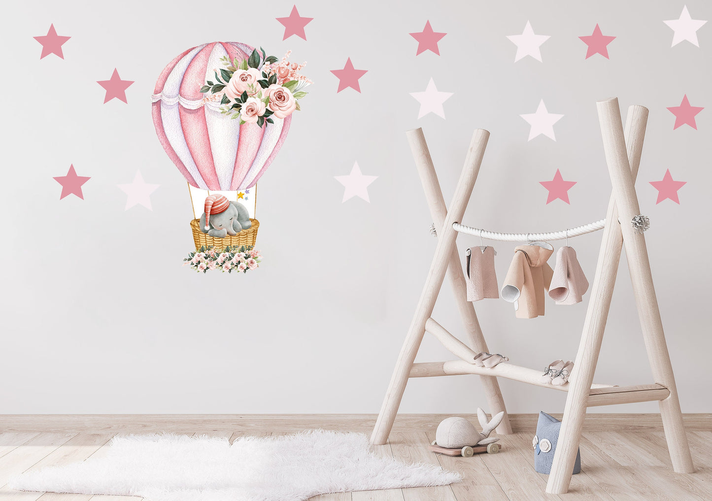 Hot Air Ballon Wall Sticker Sleeping Elephant Wall Decal Cute Nursery Wall Sticker Floral Air Balloon Wall Decal Pink Cute Nursery Decor