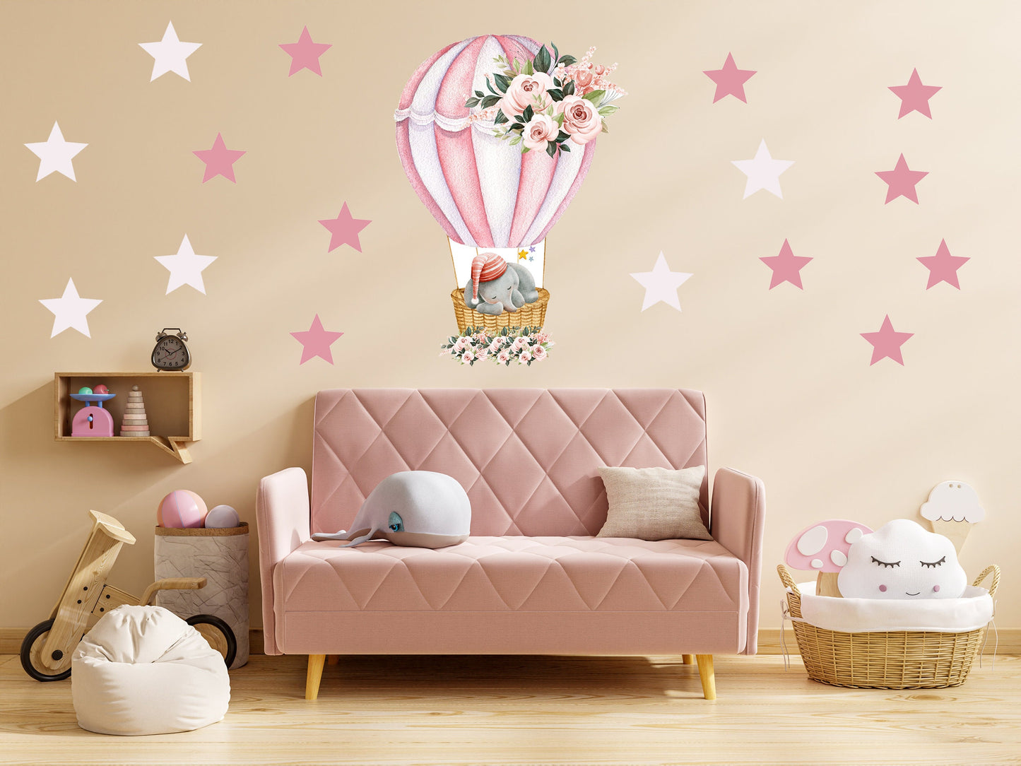 Hot Air Ballon Wall Sticker Sleeping Elephant Wall Decal Cute Nursery Wall Sticker Floral Air Balloon Wall Decal Pink Cute Nursery Decor