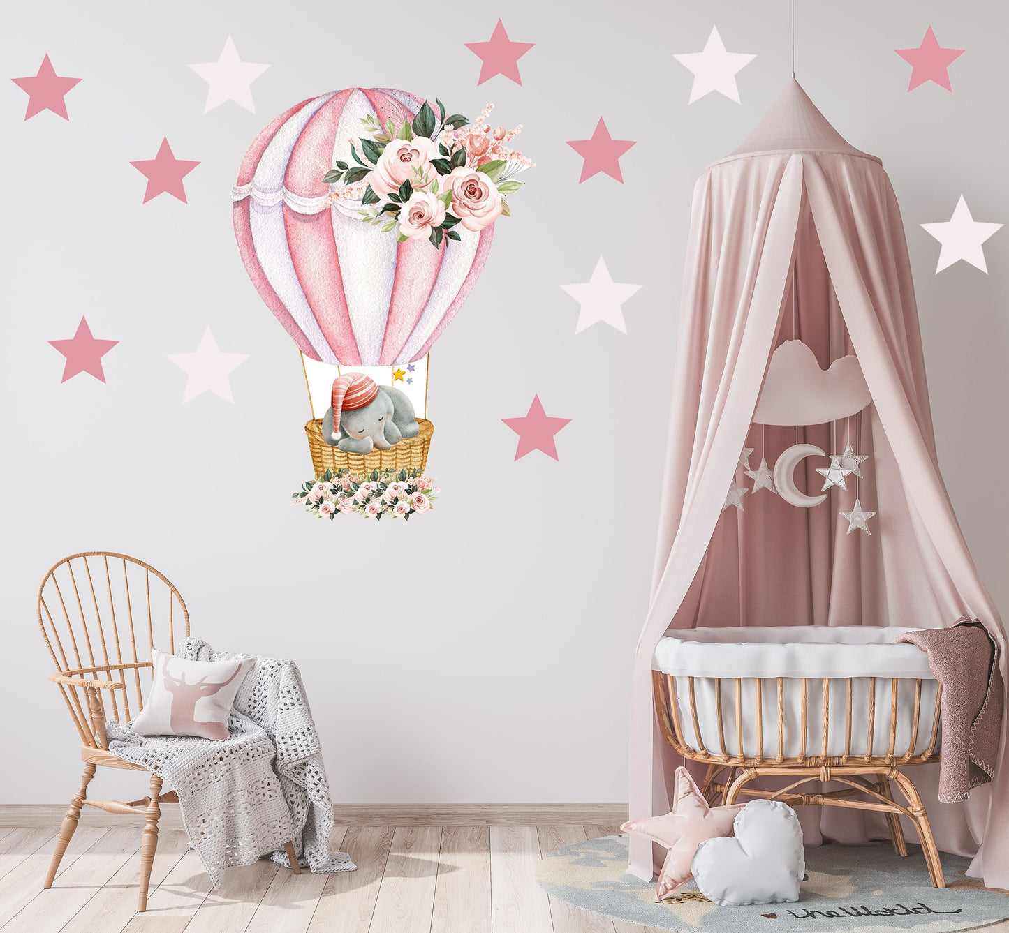 Hot Air Ballon Wall Sticker Sleeping Elephant Wall Decal Cute Nursery Wall Sticker Floral Air Balloon Wall Decal Pink Cute Nursery Decor