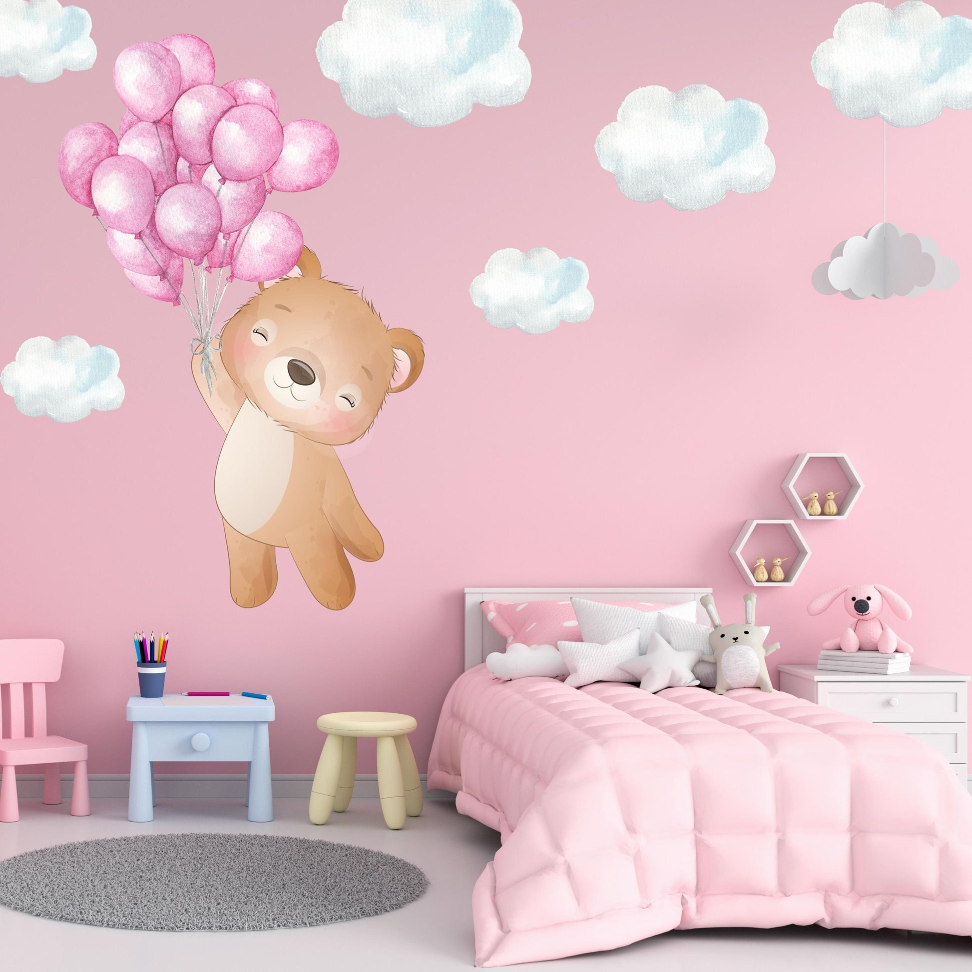 Beautiful Teddy with Floating Balloons and Clouds Nursery Wall Stickers