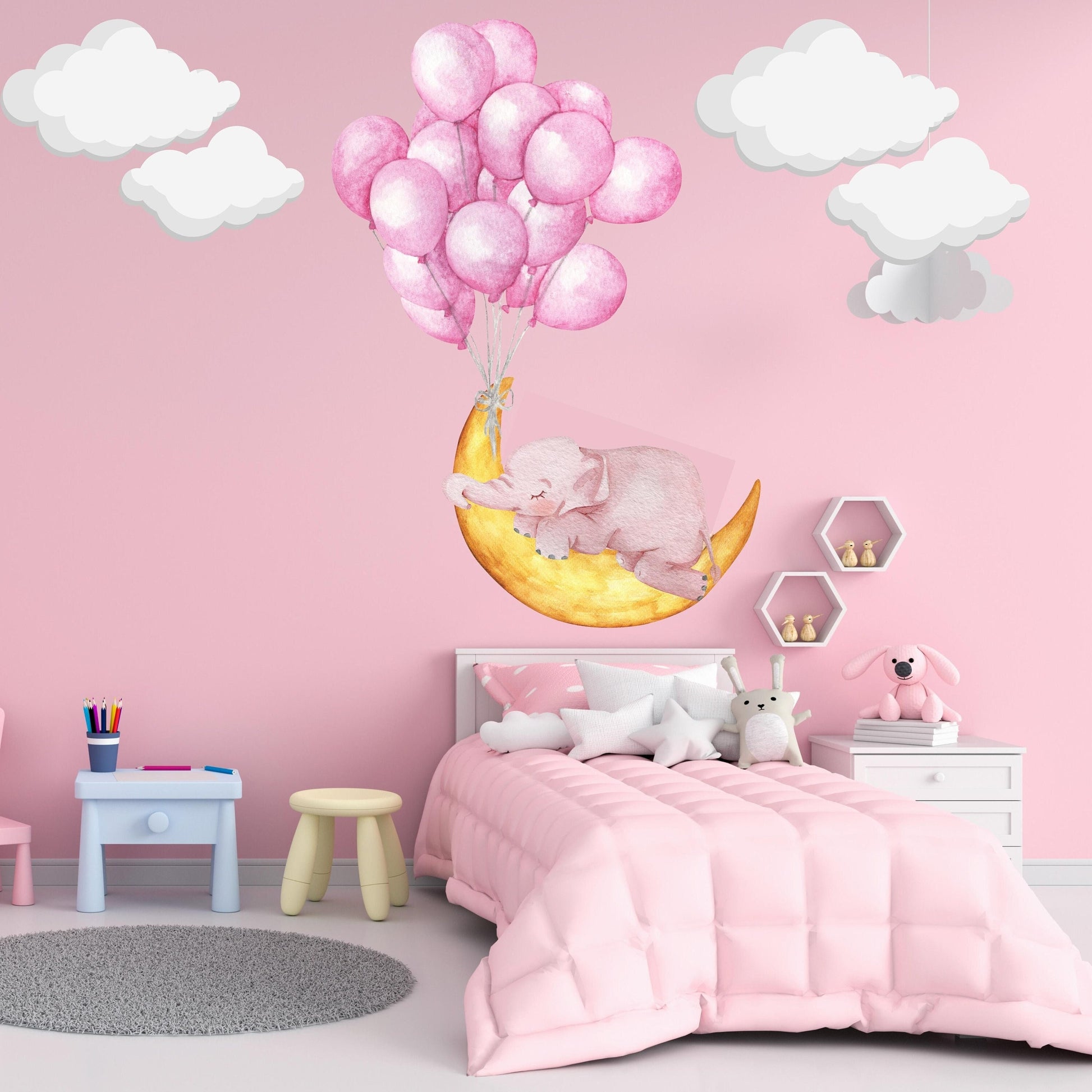 Cute Sleeping Elephant Wall Sticker Pink Balloon Nursery Wall Decal