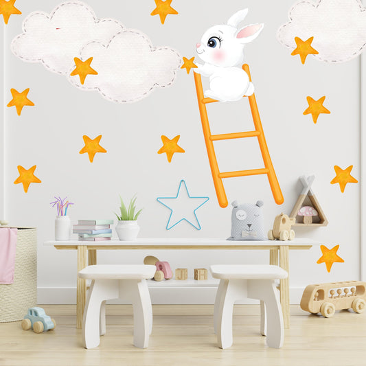 Extra Large Bunny on Ladder and Stars, Kid's Bedroom Reusable Nursery Wall Stickers