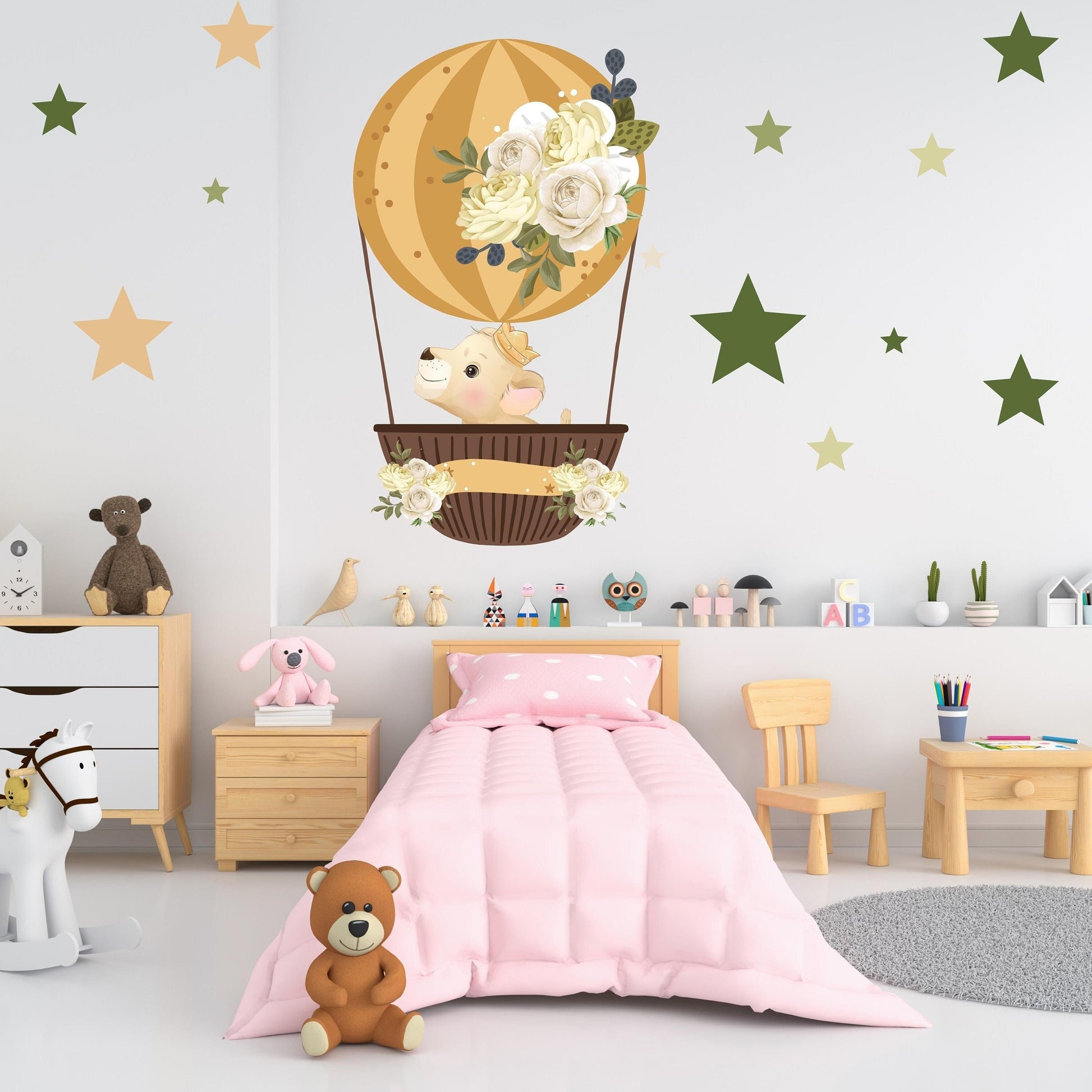 Cute Lion Cub in Hot Air Balloon With Flower and Individual Stars, Reusable Nursery Wall Stickers