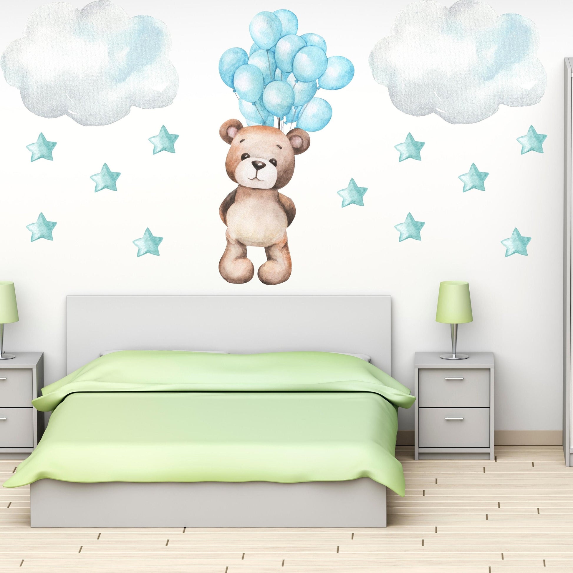 Teddy Bear Floating with Pink Balloons, Clouds and Stars, Reusable Nursery Wall Sticker Set