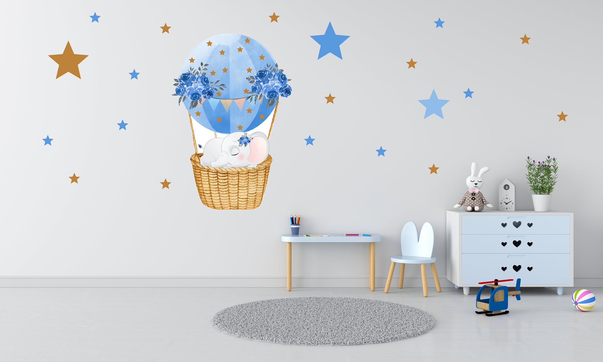 Blue Hot Air Balloon Wall Sticker Sleeping Sleeping Elephant Decal Stars Decal