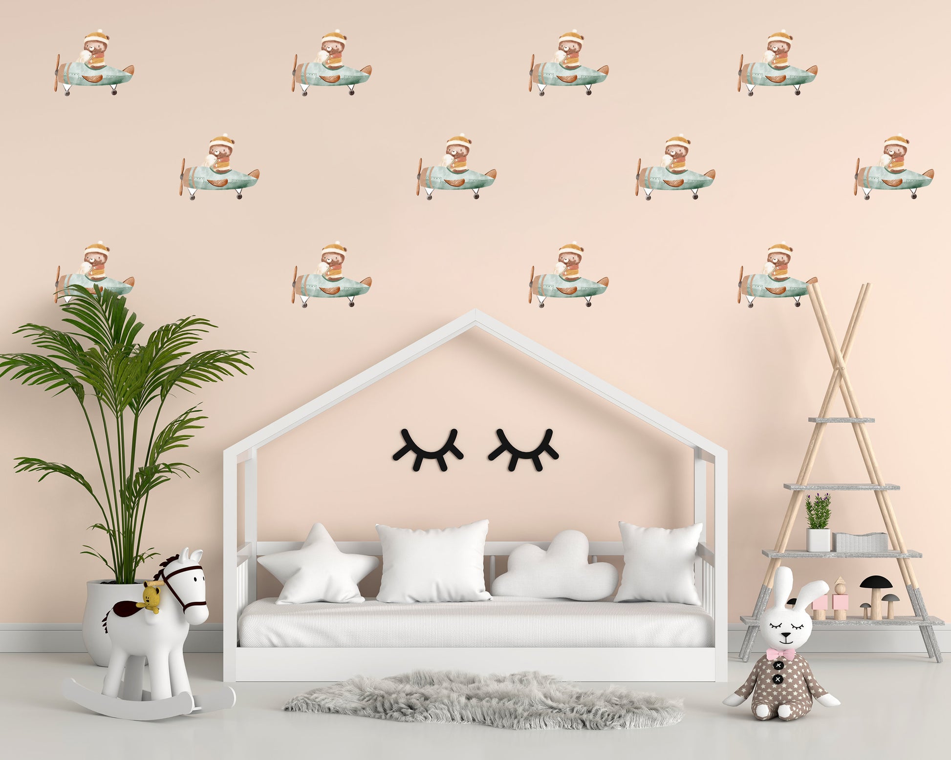 Airplane Wall Sticker Cute Bear Sticker Nursery Wall Sticker Flying Plane Sticker Nursery Decor Playroom Wall Sticker Nursery Wall Decal