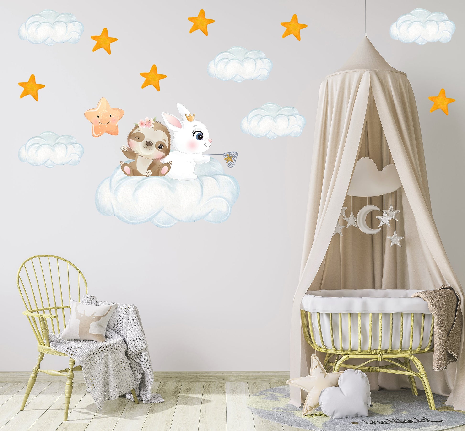 Animal Friends on Cloud Wall Stickers, Nursery Wall Stickers, Moon and Stars Wall Decals, Playroom Wall Decals, Kid's Bedroom Wall Decor