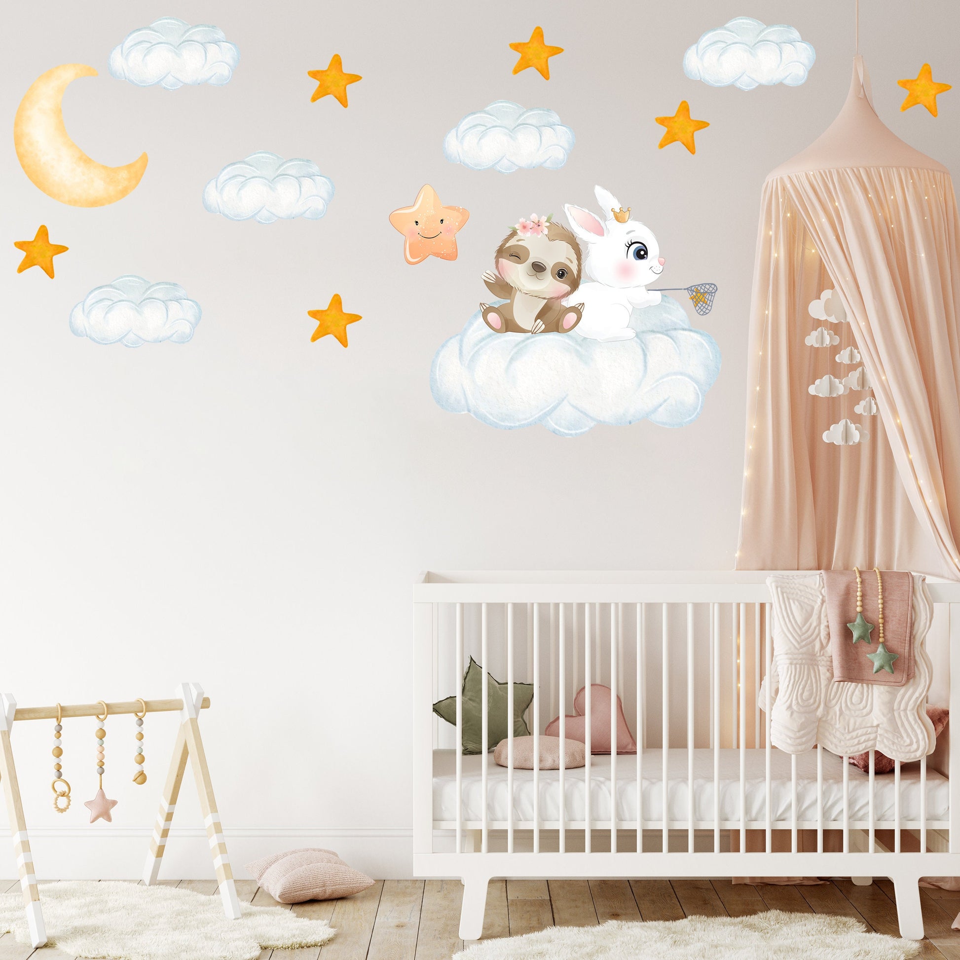 Animal Friends on Cloud Wall Stickers, Nursery Wall Stickers, Moon and Stars Wall Decals, Playroom Wall Decals, Kid's Bedroom Wall Decor