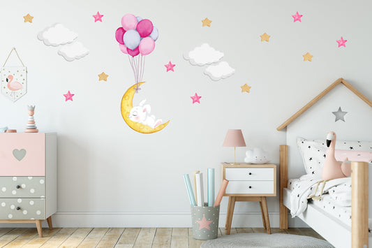 Sleeping Bunny Moon Wall Sticker Nursery Wall Stickers Night Sky Sticker Moon Stars Wall Decal Nursery Wall Decal Cute Bunny Wall Sticker