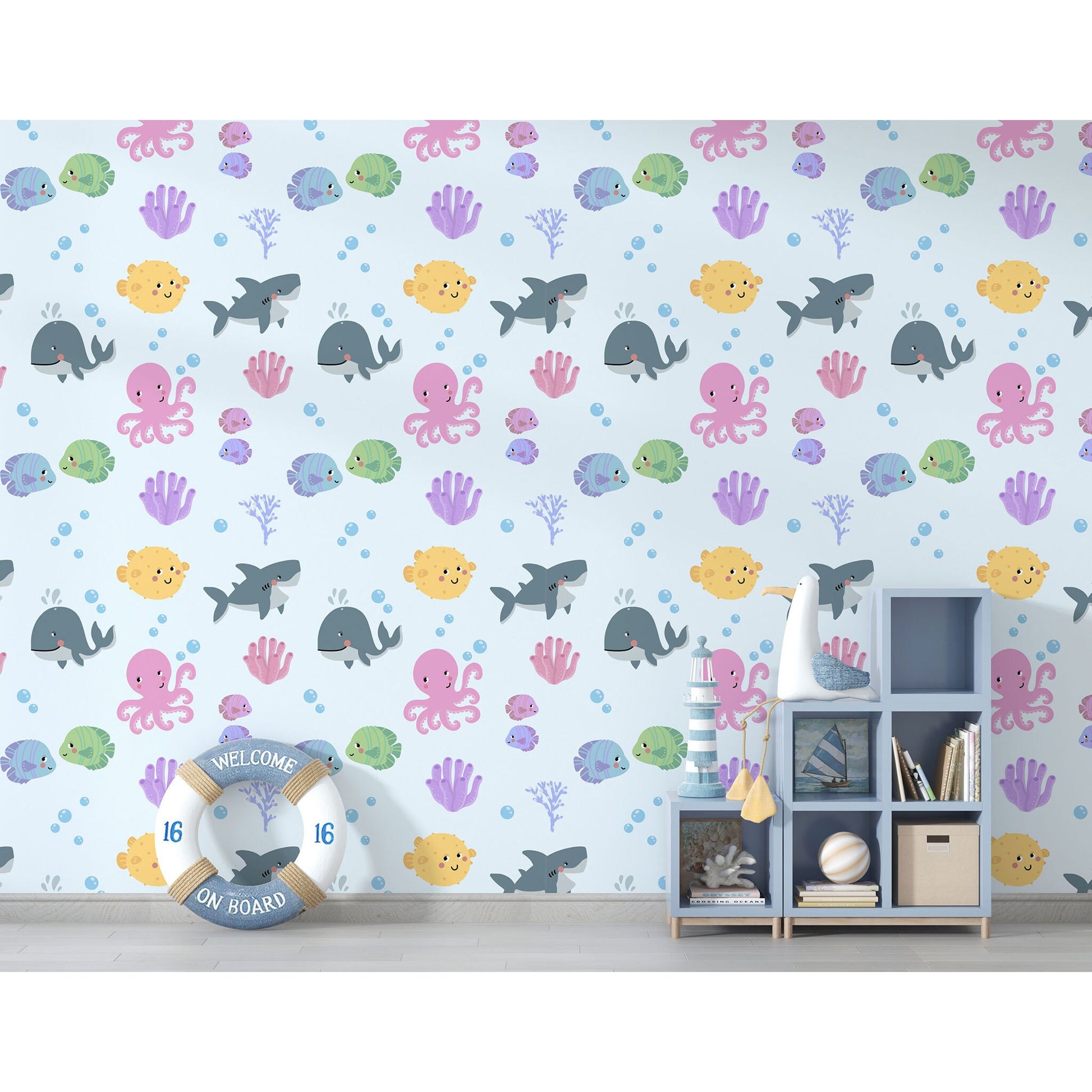 Wallpaper Sea Creatures Wallpaper Ocean Decor Children&#39;s Bedroom Fish Wall Decor Aqua