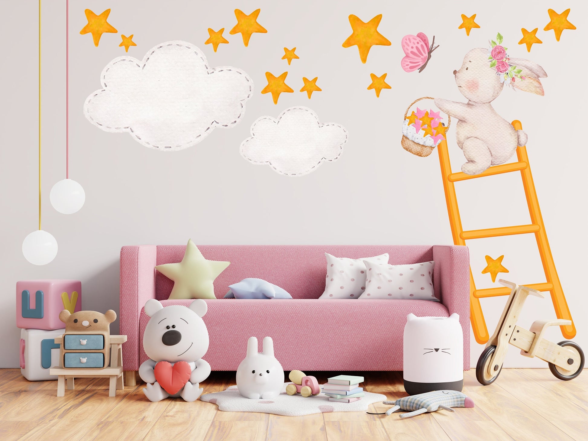 Bunny on Ladder Collecting Stars Wall Stickers, Nursery Wall Stickers, Stars Wall Decals, Bunny Wall Stickers, Kid's Pink Wall Decor, Clouds