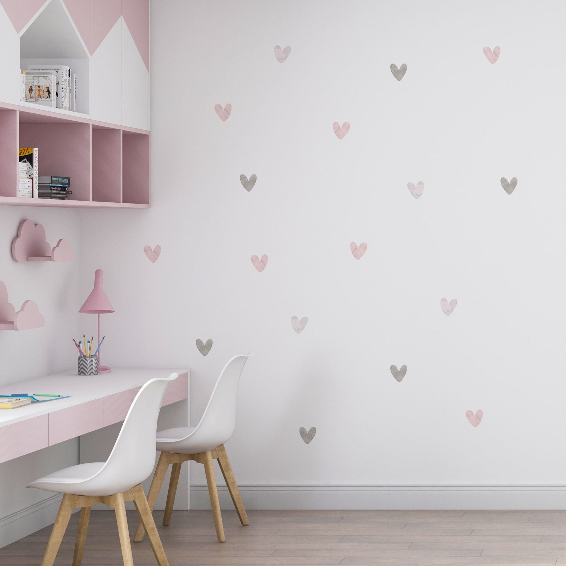 Pink Grey Watercolour Heart Wall Sticker kid Room Nursery Wall Decal Girl