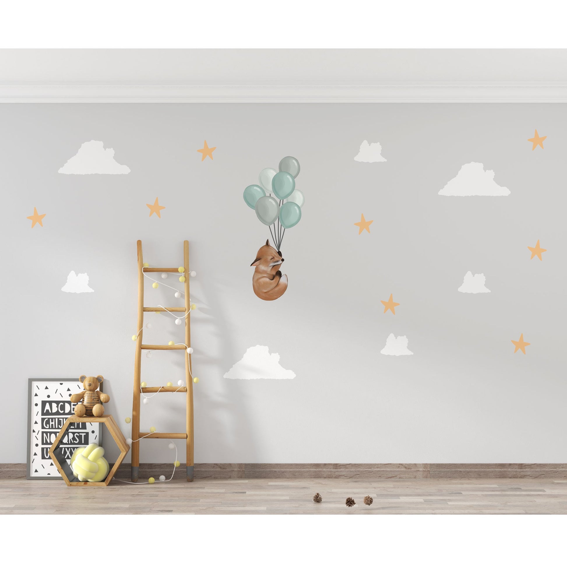 Cute Fox Balloon Wall Sticker Night Sky Decal Boho Nursery Wall Stickers Star Cloud Wall Decal Cute Nursery Decor Balloon Nursery Wall Decal