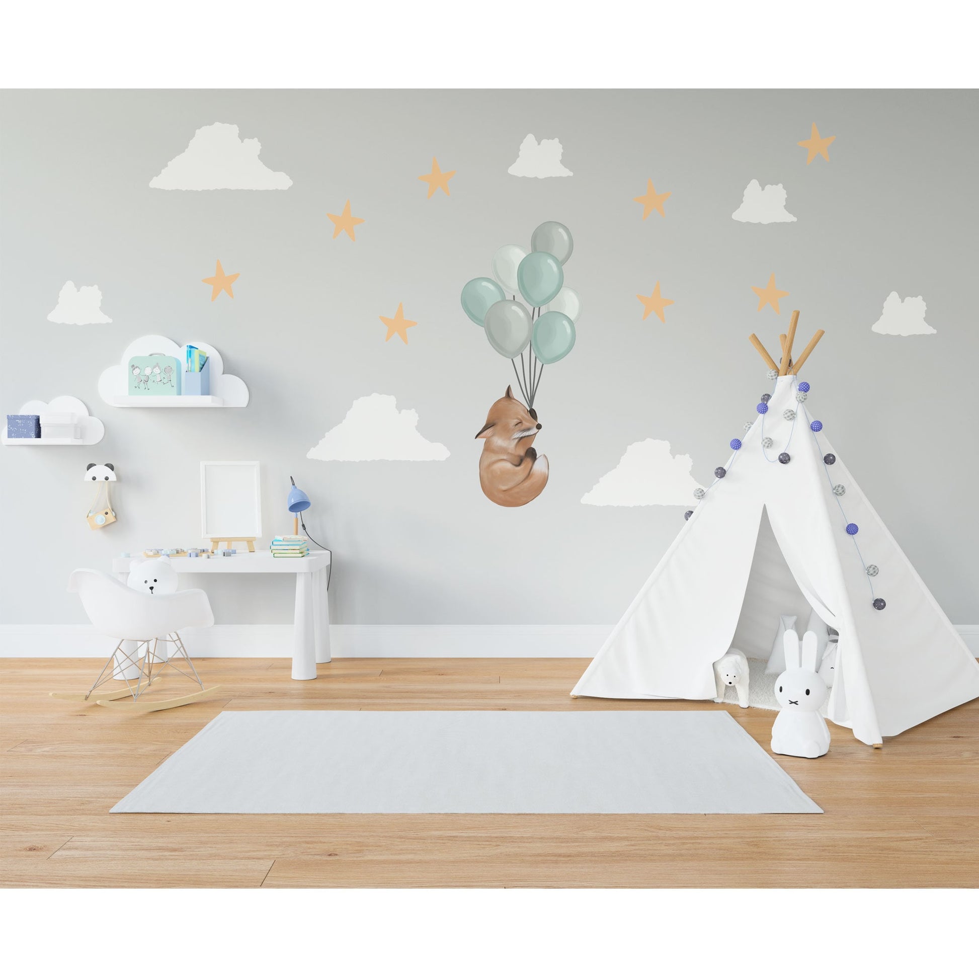 Cute Fox Balloon Wall Sticker Night Sky Decal Boho Nursery Wall Stickers Star Cloud Wall Decal Cute Nursery Decor Balloon Nursery Wall Decal