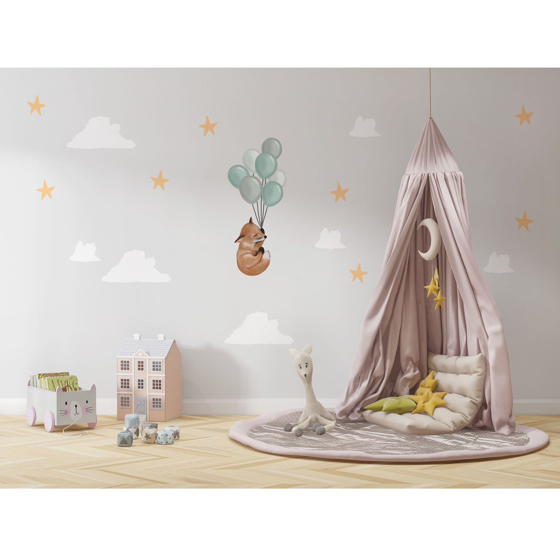 Cute Fox Balloon Wall Sticker Night Sky Decal Boho Nursery Wall Stickers Star Cloud Wall Decal Cute Nursery Decor Balloon Nursery Wall Decal