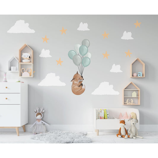 Cute Fox Balloon Wall Sticker Night Sky Decal Boho Nursery Wall Stickers Star Cloud Wall Decal Cute Nursery Decor Balloon Nursery Wall Decal