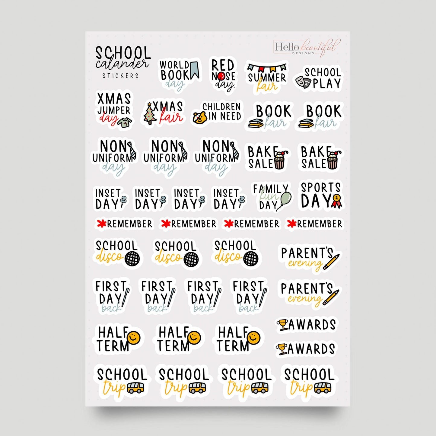 School Calendar Sticker Sheet, School Planner Stickers, Calendar Stickers, School Organisation Stickers, Planner Stickers, School Reminder