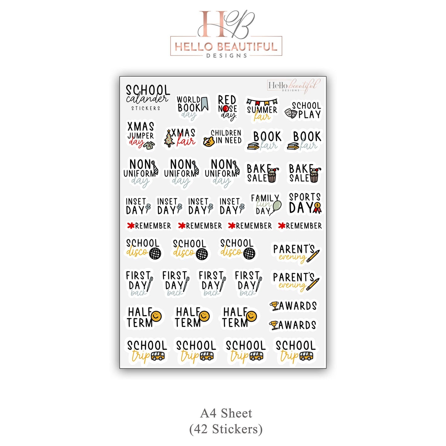 School Calendar Sticker Sheet, School Planner Stickers, Calendar Stickers, School Organisation Stickers, Planner Stickers, School Reminder