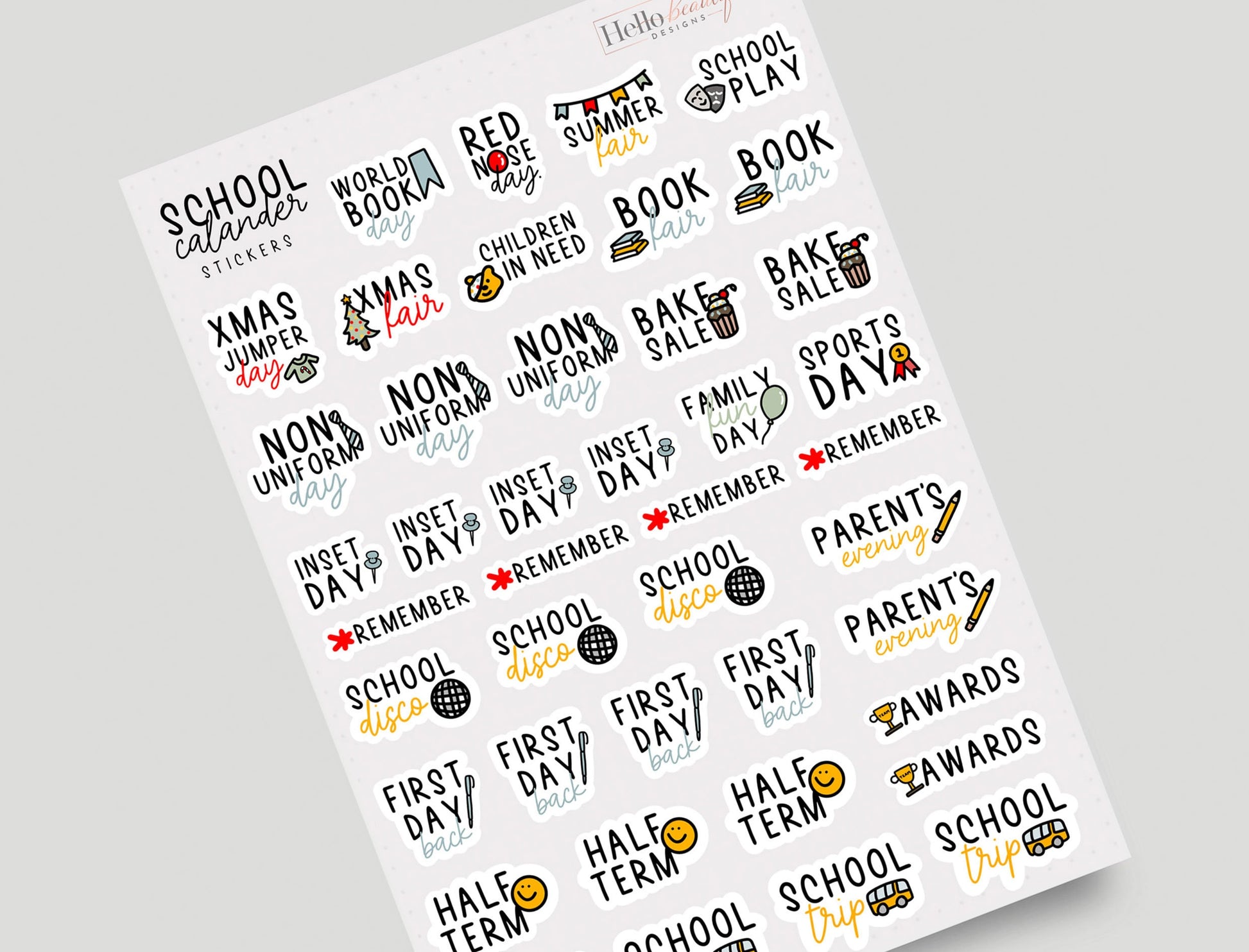 School Calendar Sticker Sheet, School Planner Stickers, Calendar Stickers, School Organisation Stickers, Planner Stickers, School Reminder