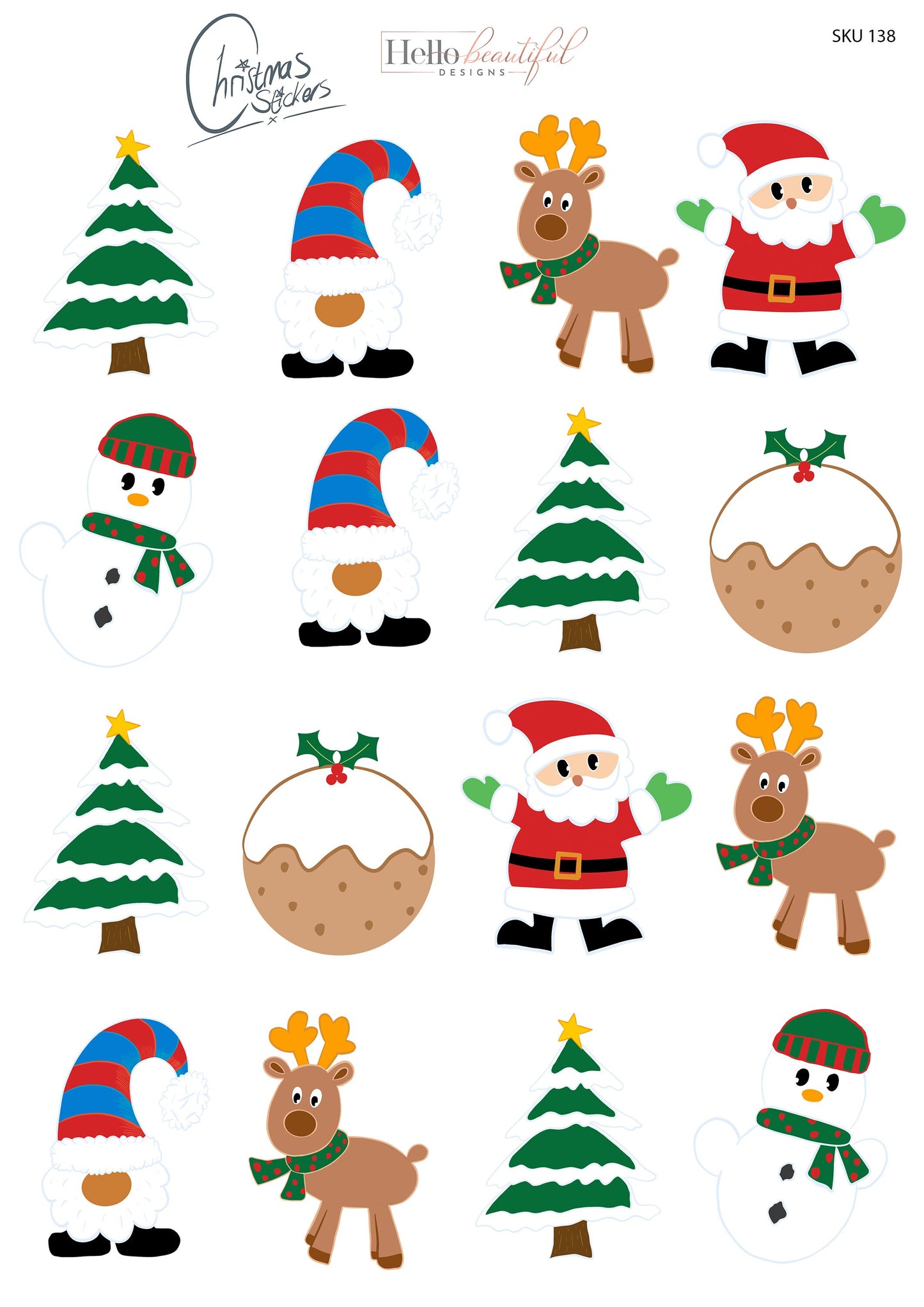 Christmas sticker sheet, Santa, reindeer, snowman, Christmas tree, gonk.