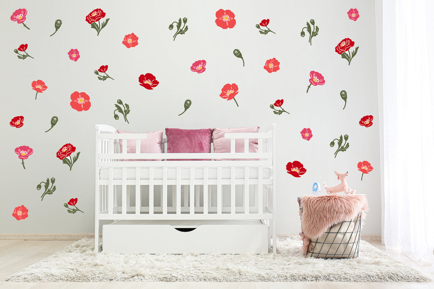 Floral Poppies Wall Stickers, Nursery Wall Stickers, Flower Wall Stickers, Children's Wall Decor, Kid's Room, Girl's Bedroom, Floral Decals