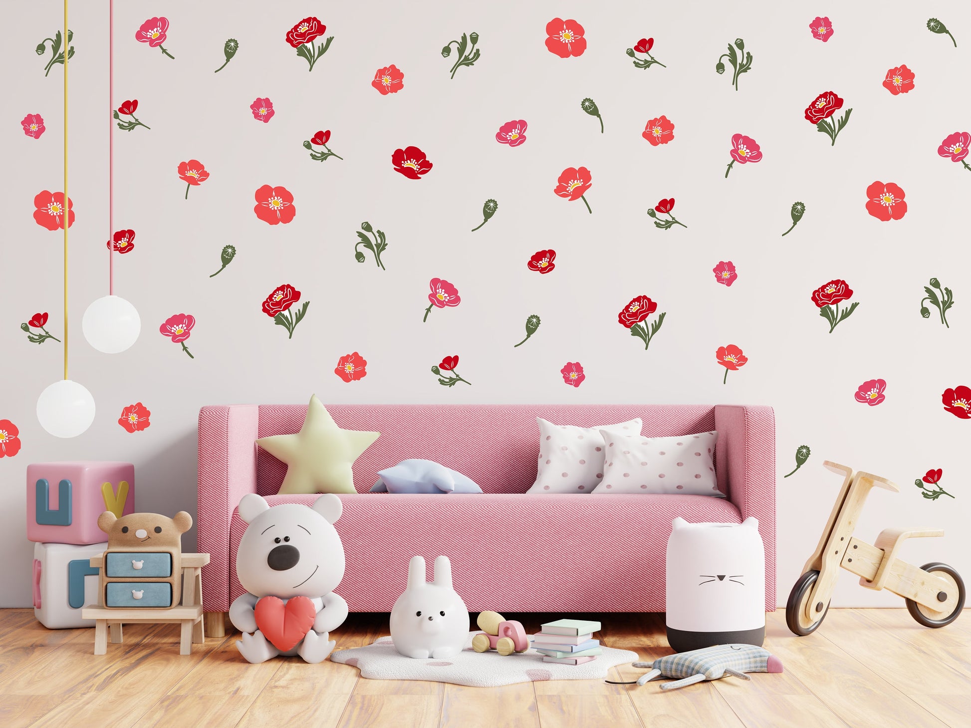 Floral Poppies Wall Stickers, Nursery Wall Stickers, Flower Wall Stickers, Children's Wall Decor, Kid's Room, Girl's Bedroom, Floral Decals