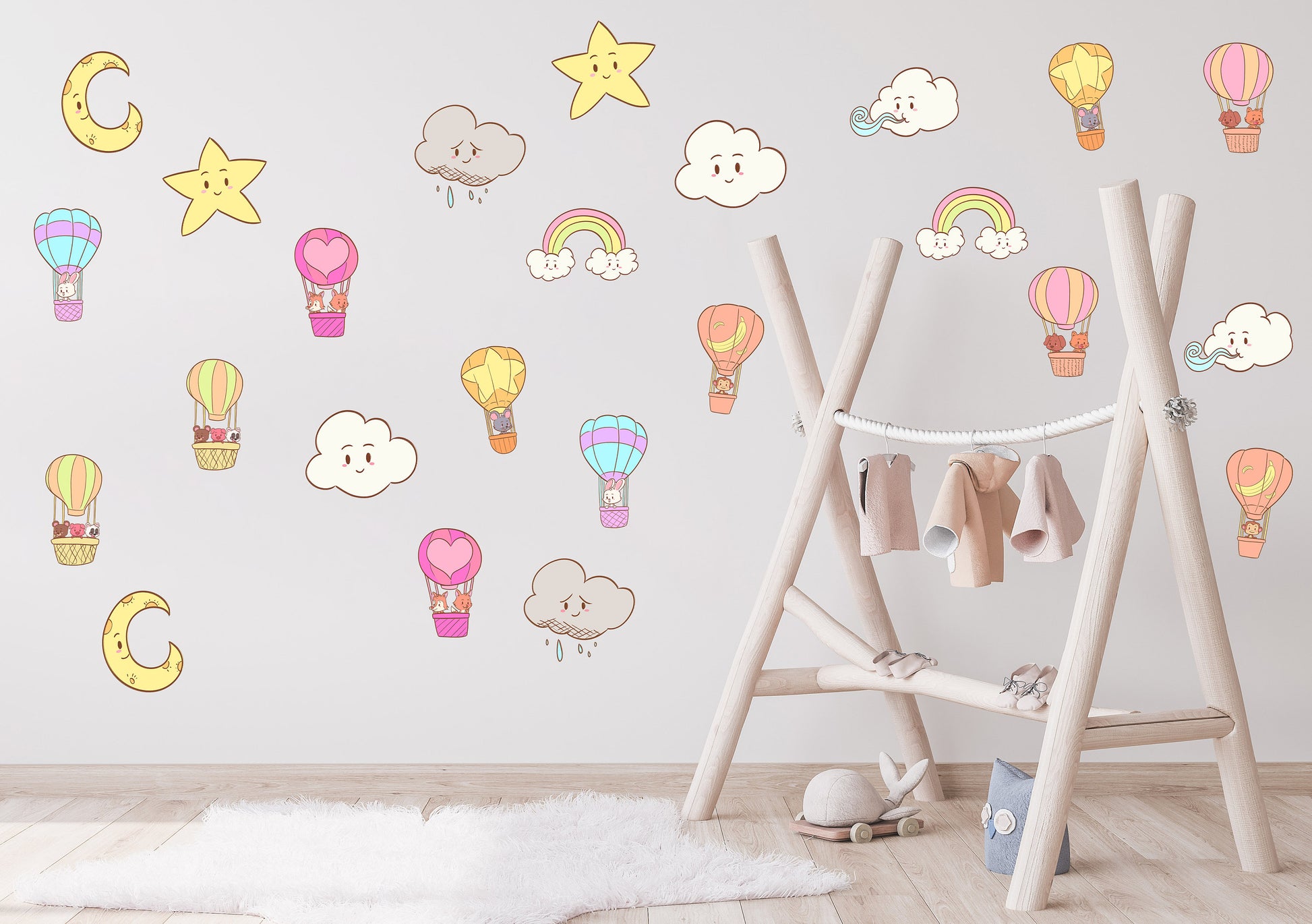 Hot Air Balloon Night Sky Sticker Cute Animals Hot Air Ballon Wall Decal Night Sky