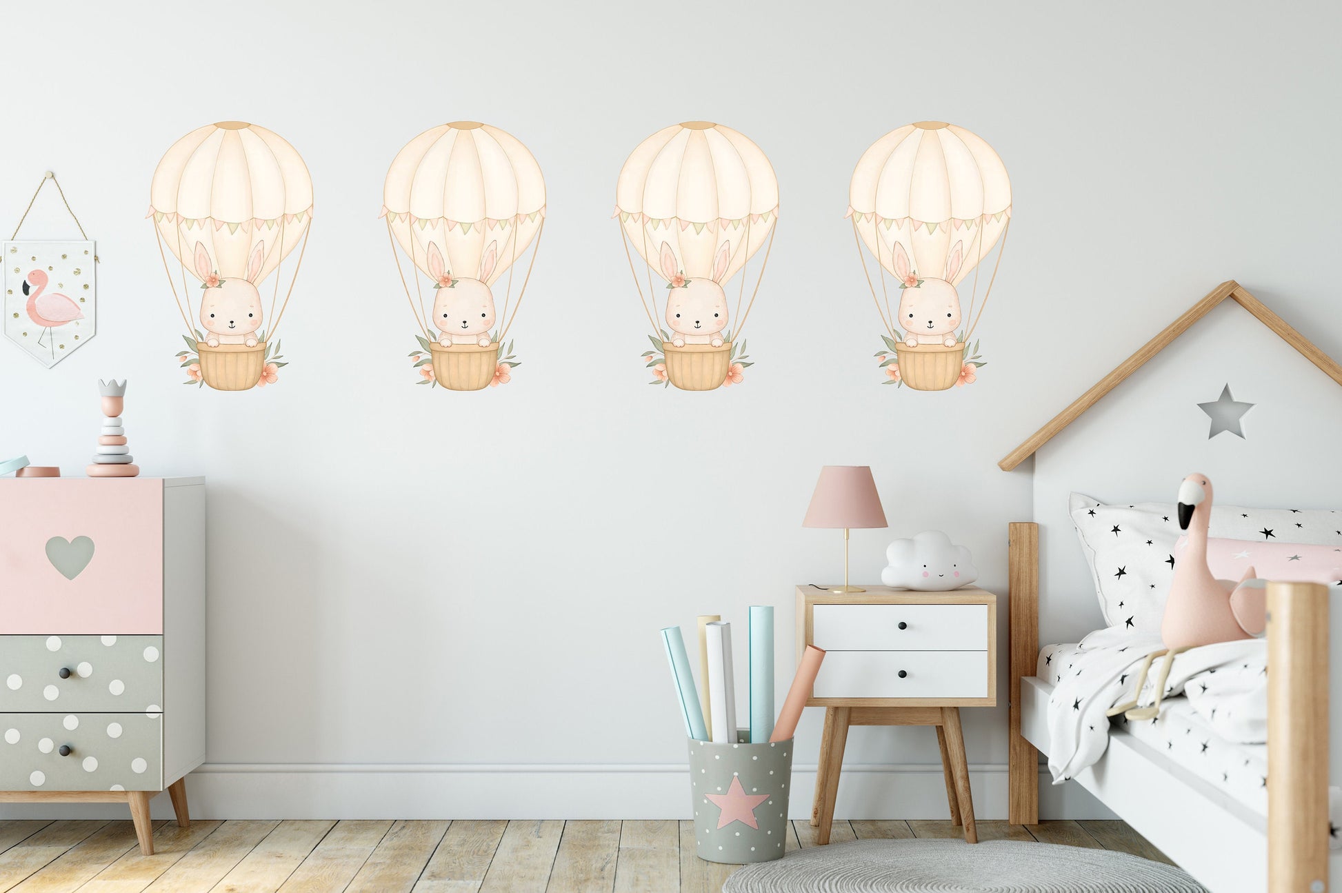 Hot Air Balloon Wall Sticker Kids Bedroom Girls Decor Nursery Wallpaper Idea Children Bunny Rabbit Cute Animal Toddler Floating Design Print