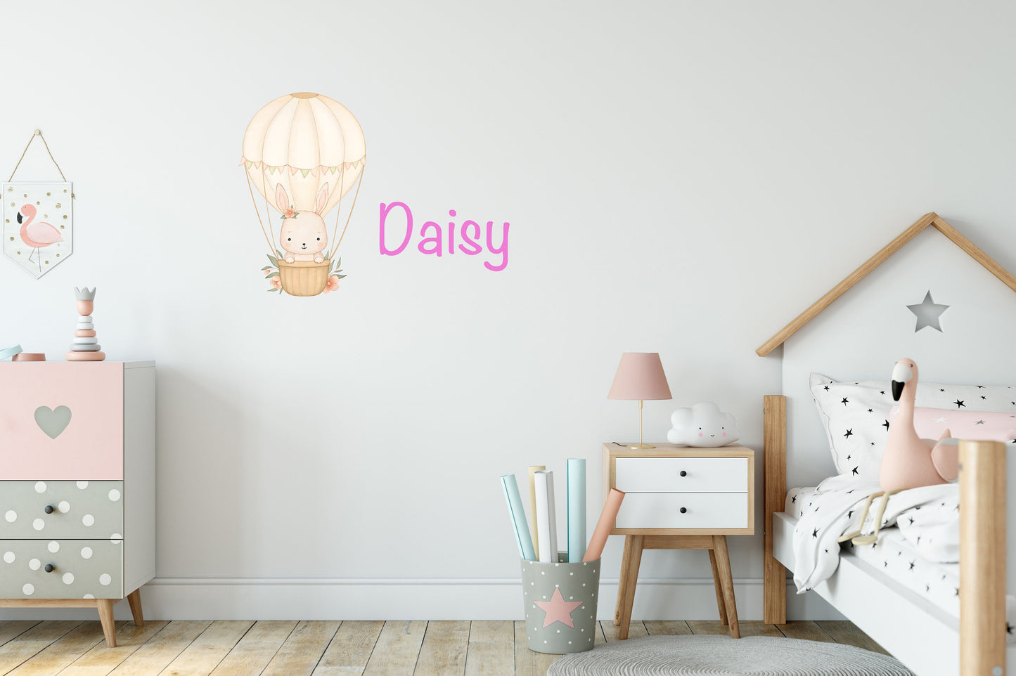 Personalised Name Hot Air Balloon Wall Sticker Kids Bedroom Girls Decor Nursery Wallpaper Idea Children Bunny Rabbit Cute Animal Toddler