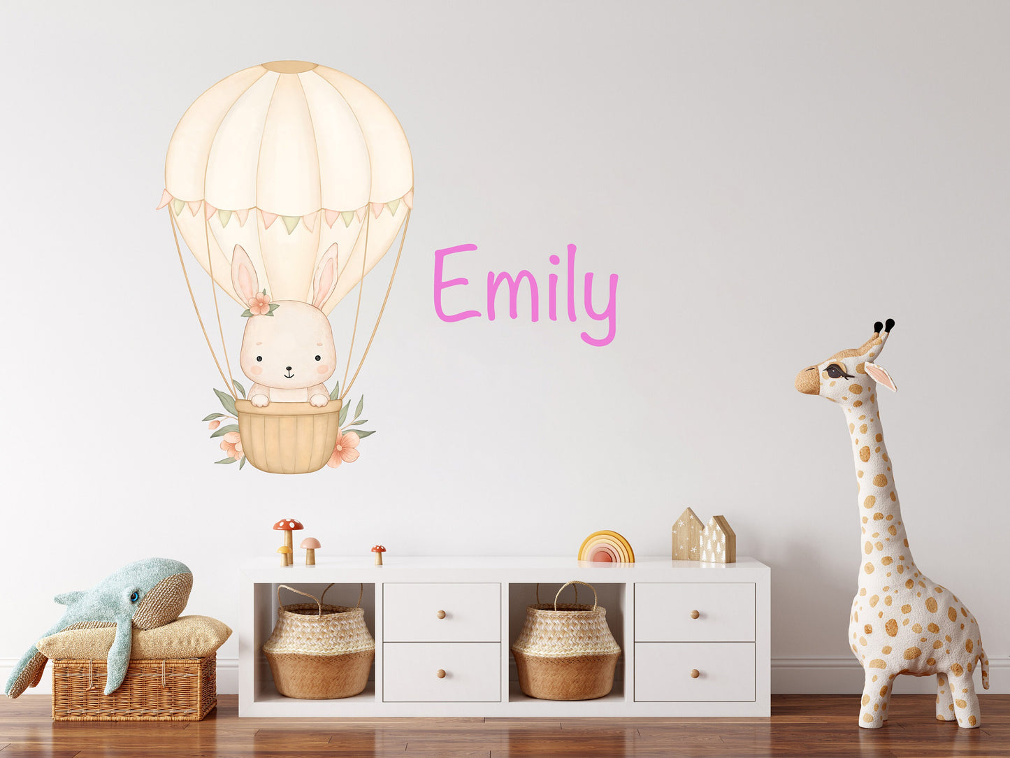 Personalised Name Hot Air Balloon Wall Sticker Kids Bedroom Girls Decor Nursery Wallpaper Idea Children Bunny Rabbit Cute Animal Toddler