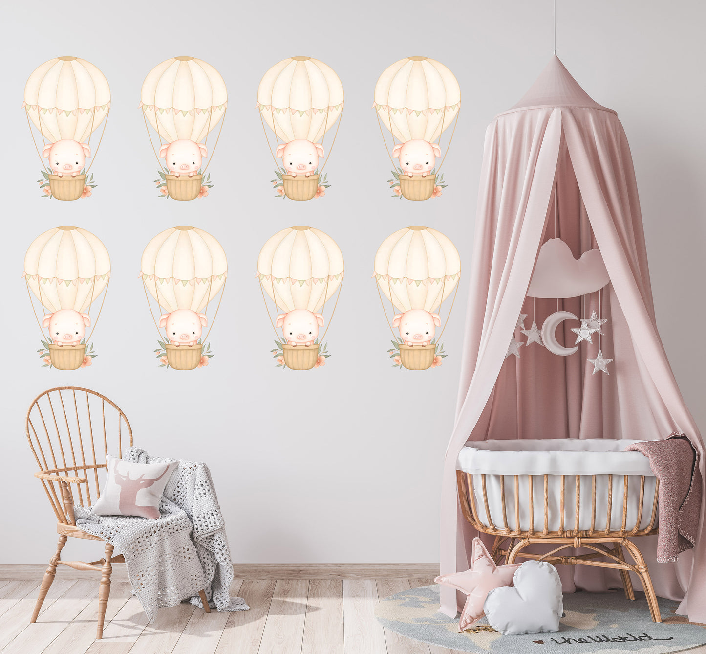 Hot Air Balloon Wall Sticker Kids Bedroom Girls Decor Nursery Wallpaper Idea Children Baby Pig Cute Farm Animal Toddler Floating Design