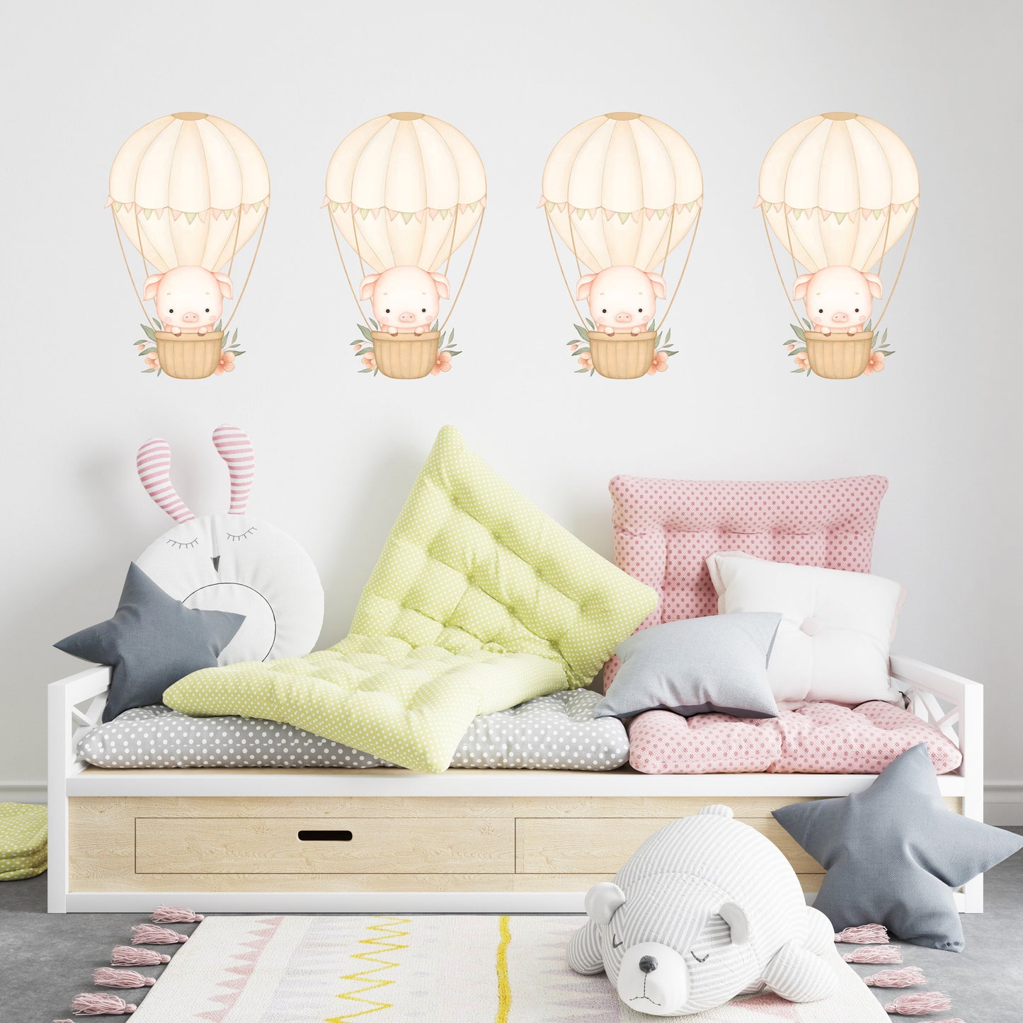 Hot Air Balloon Wall Sticker Kids Bedroom Girls Decor Nursery Wallpaper Idea Children Baby Pig Cute Farm Animal Toddler Floating Design