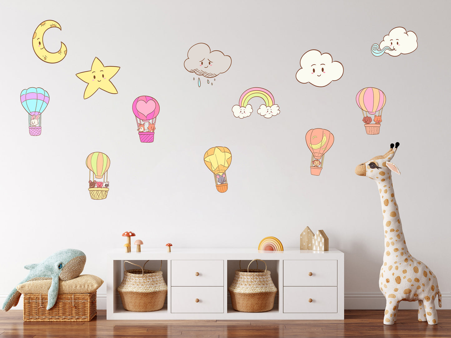 Sticker Cute Animals Hot Air Ballon Wall Decal Night Sky Decal Playroom Decal