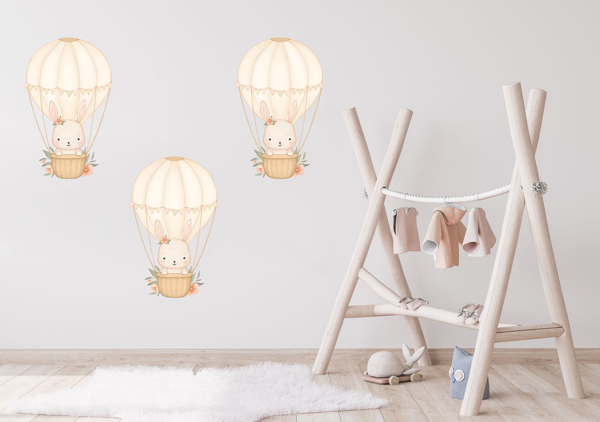 Hot Air Balloon Wall Sticker Kids Bedroom Girls Decor Nursery Wallpaper Idea Children Bunny Rabbit Cute Animal Toddler Floating Design Print