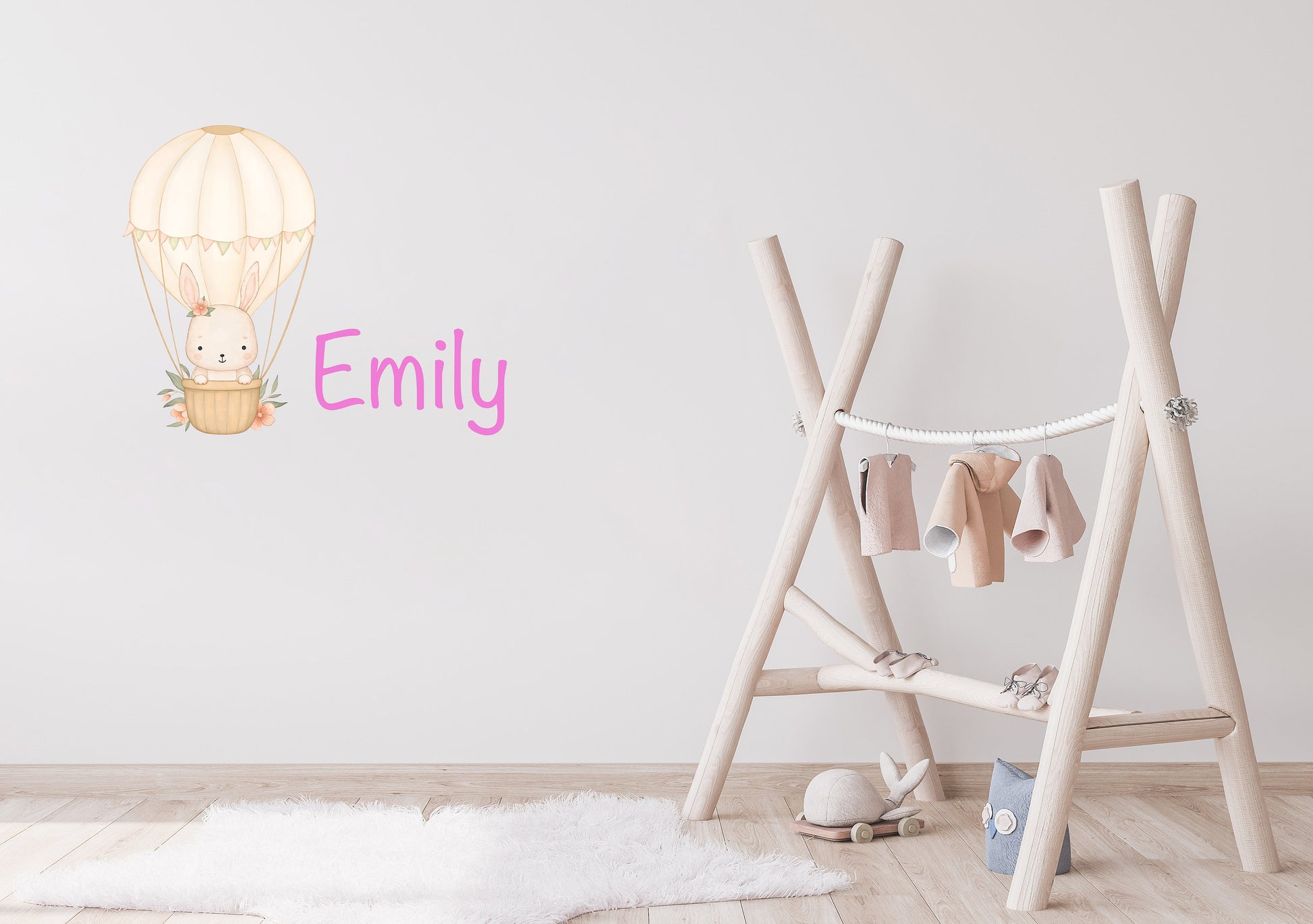 Personalised Name Hot Air Balloon Wall Sticker Kids Bedroom Girls Decor Nursery Wallpaper Idea Children Bunny Rabbit Cute Animal Toddler