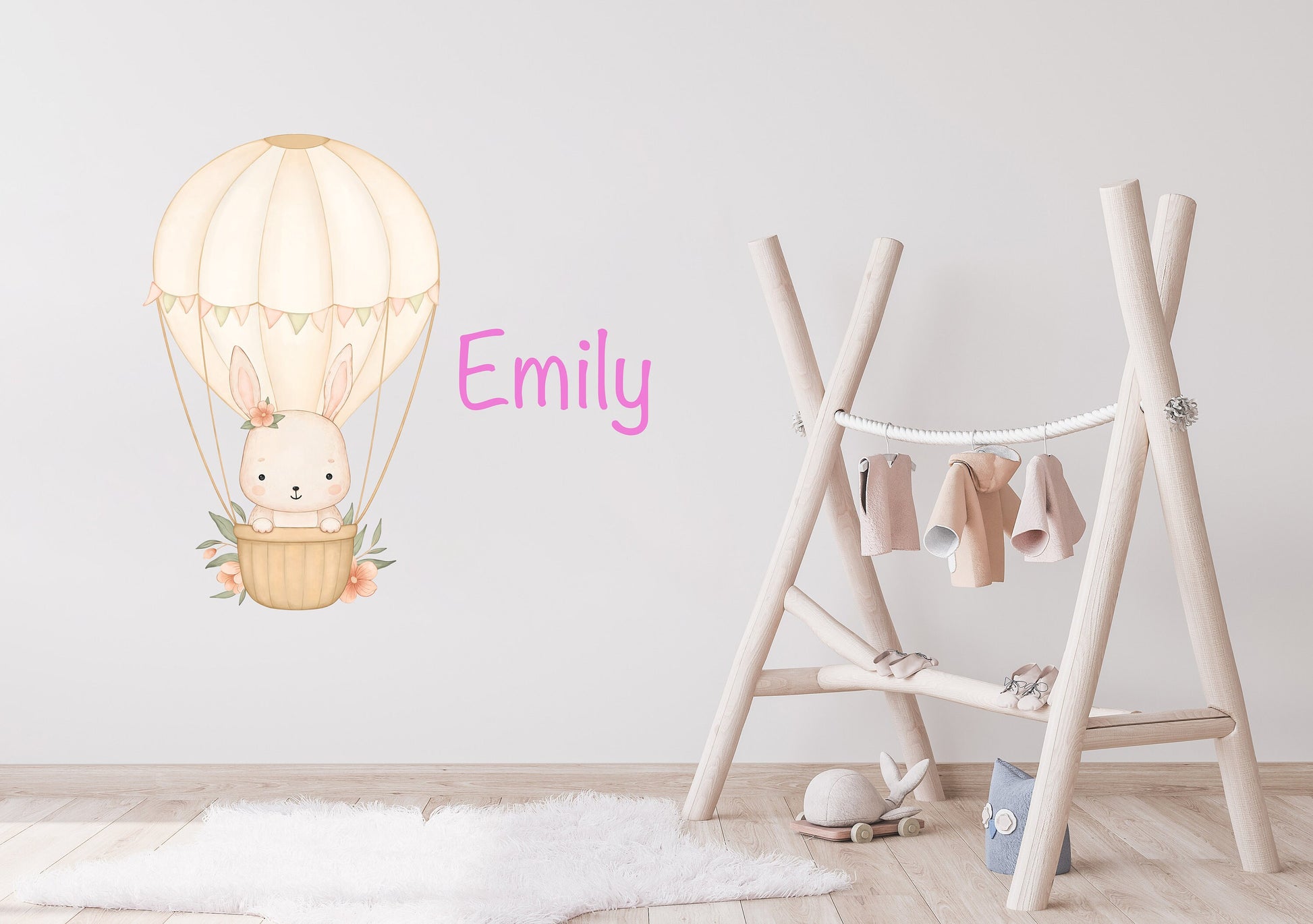 Personalised Name Hot Air Balloon Wall Sticker Kids Bedroom Girls Decor Nursery Wallpaper Idea Children Bunny Rabbit Cute Animal Toddler