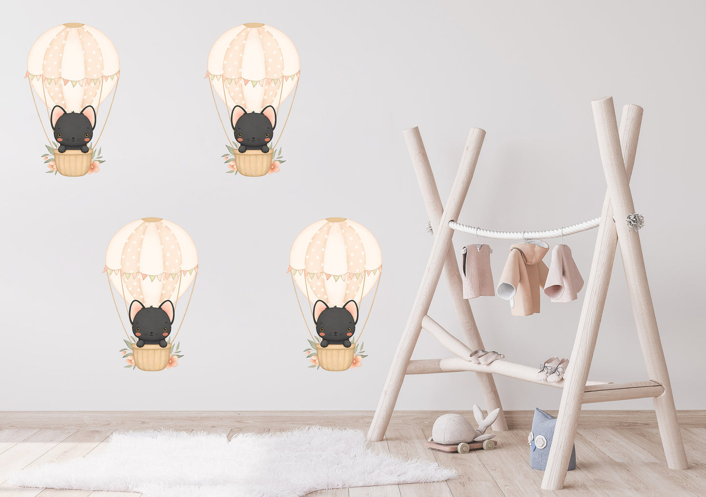 Hot Air Balloon Wall Sticker Kids Bedroom Girls Decor Nursery Wallpaper Idea Children Black Cat Cute Animal Toddler Floating Design Print