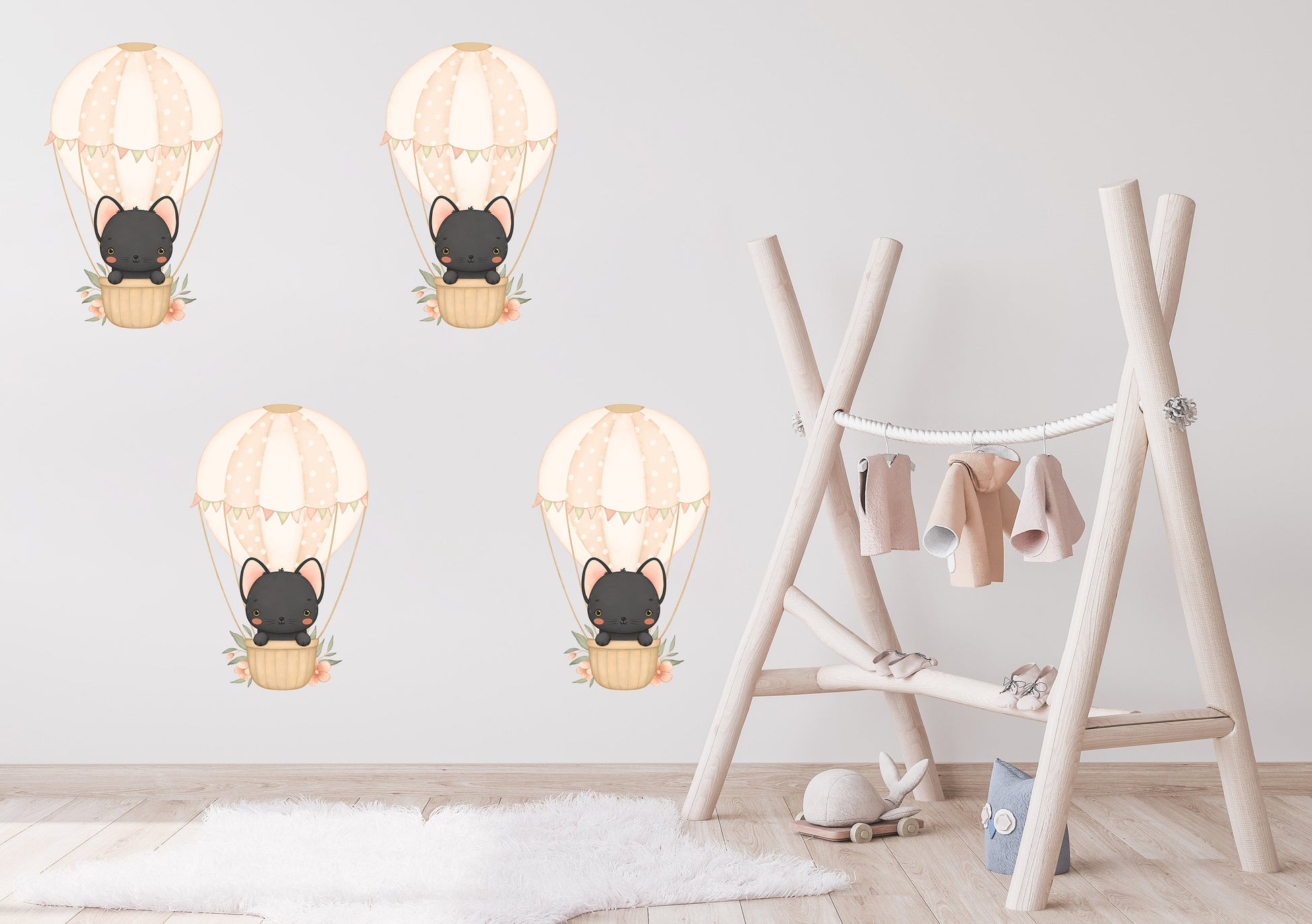 Hot Air Balloon Wall Sticker Kids Bedroom Girls Decor Nursery Wallpaper Idea Children Black Cat Cute Animal Toddler Floating Design Print