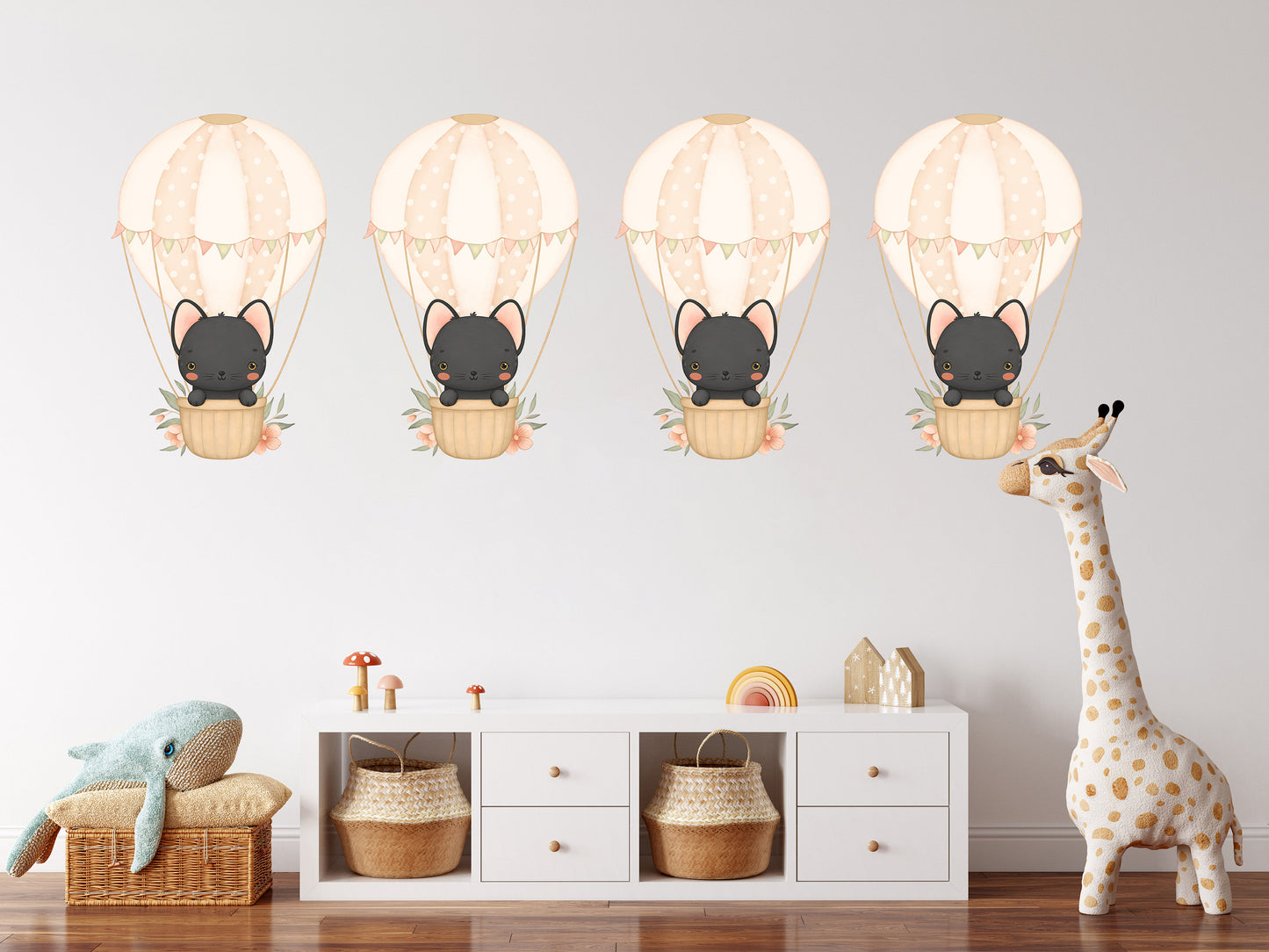 Hot Air Balloon Wall Sticker Kids Bedroom Girls Decor Nursery Wallpaper Idea Children Black Cat Cute Animal Toddler Floating Design Print