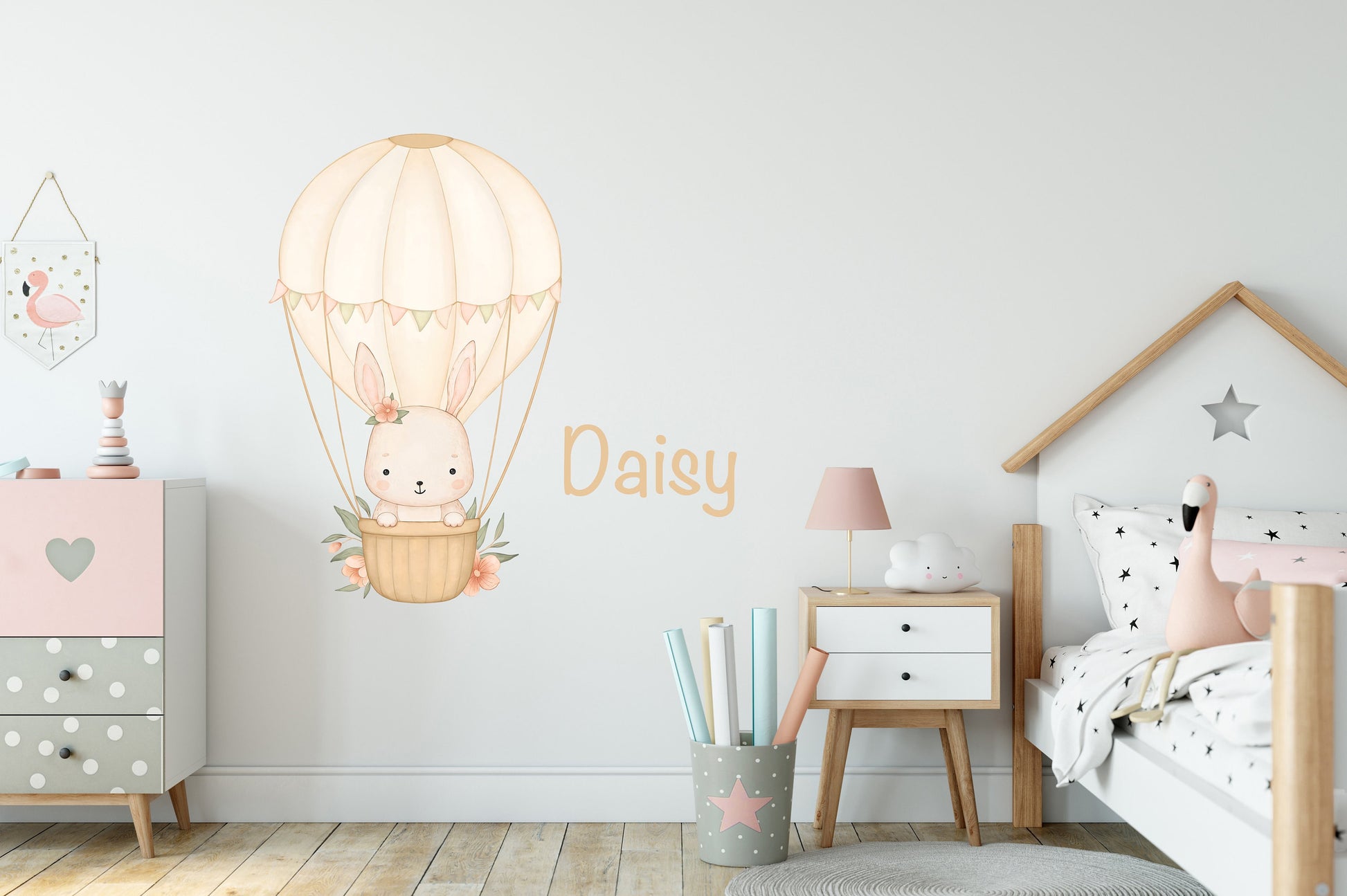 Personalised Name Hot Air Balloon Wall Sticker Kids Bedroom Girls Decor Nursery Wallpaper Idea Children Bunny Rabbit Cute Animal Toddler