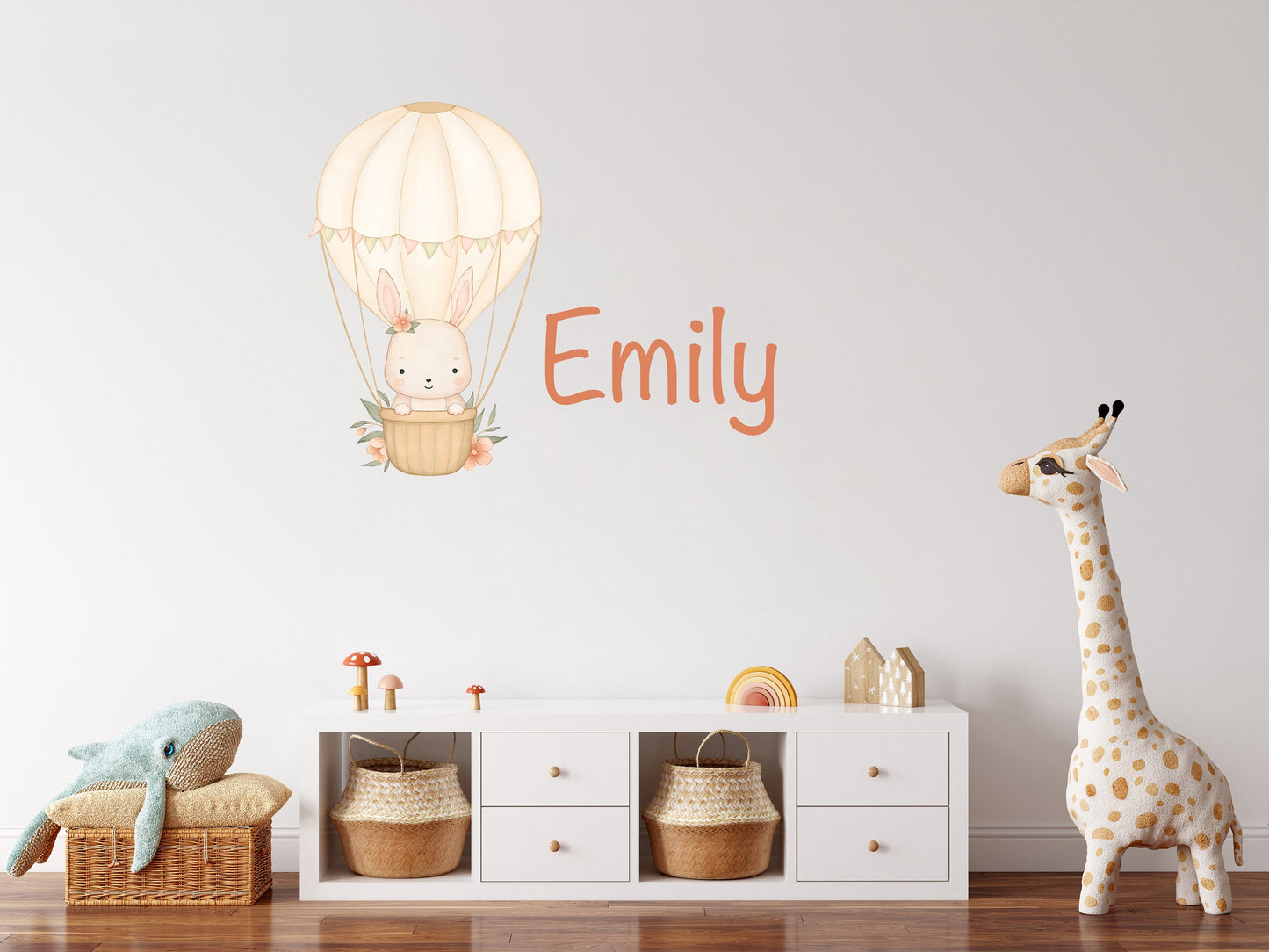 Personalised Name Hot Air Balloon Wall Sticker Kids Bedroom Girls Decor Nursery Wallpaper Idea Children Bunny Rabbit Cute Animal Toddler