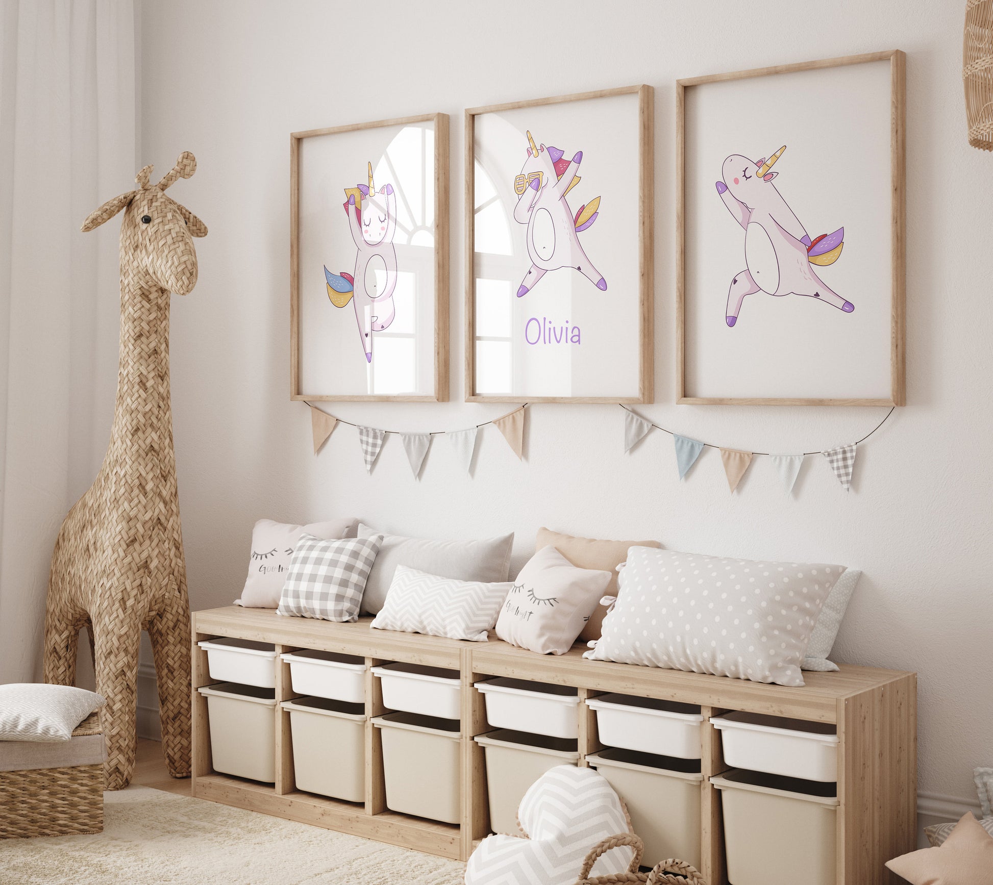 Personalised Name Unicorn Prints Unframed Nursery Decor Gift Idea Girls Bedroom Framed Wall Paper Designs Magical Dancing Unicorns Neutral