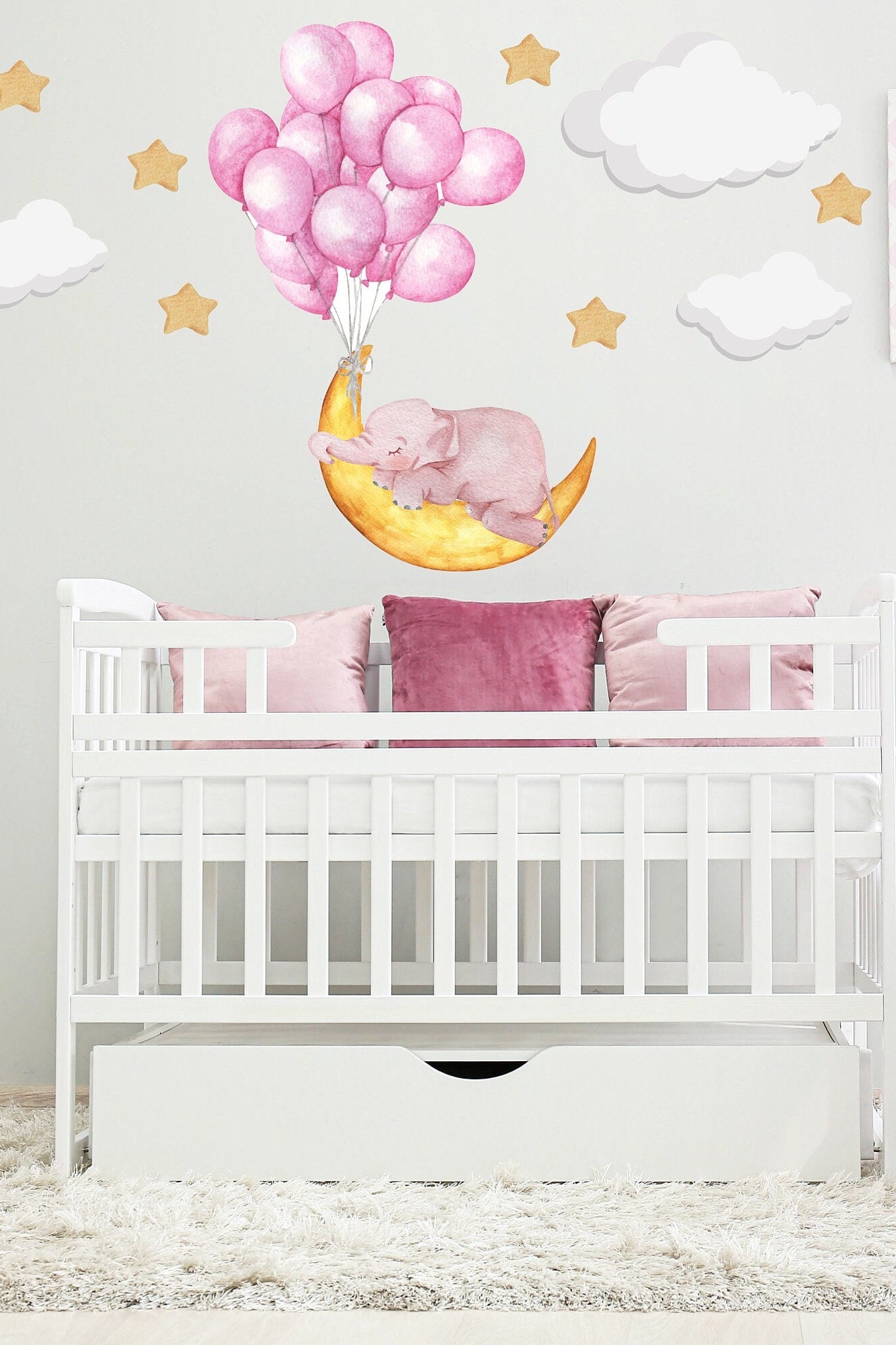 Pink Balloon Wall Sticker Sleeping Elephant Wall Decal Moon Wall Sticker