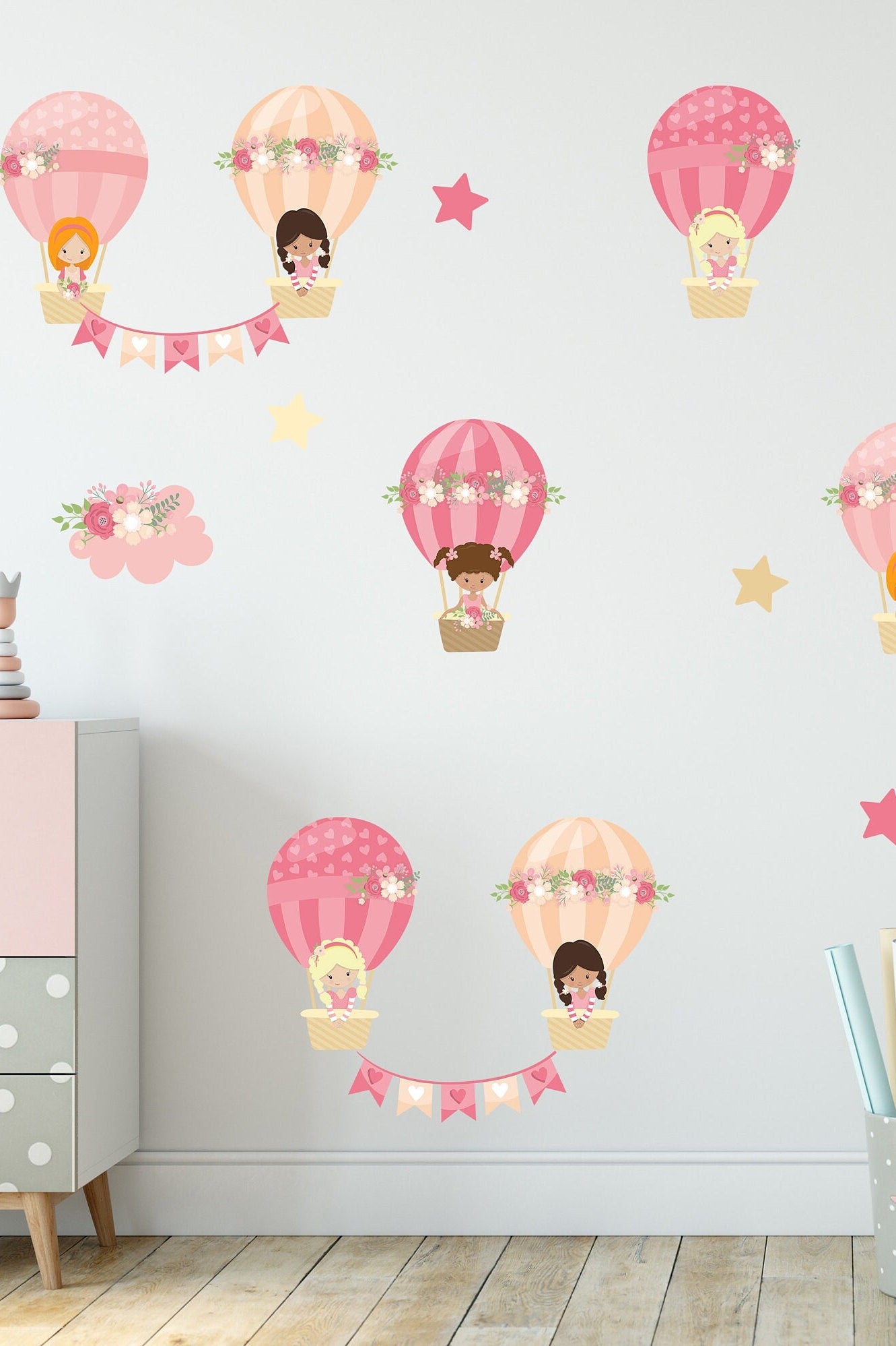 Pink Hot Air Balloon Wall Stickers Girls Hot Air Balloon Wall Decal Girl Nursery Wall Sticker Girls Bedroom Wall Sticker Girls Balloon Decal