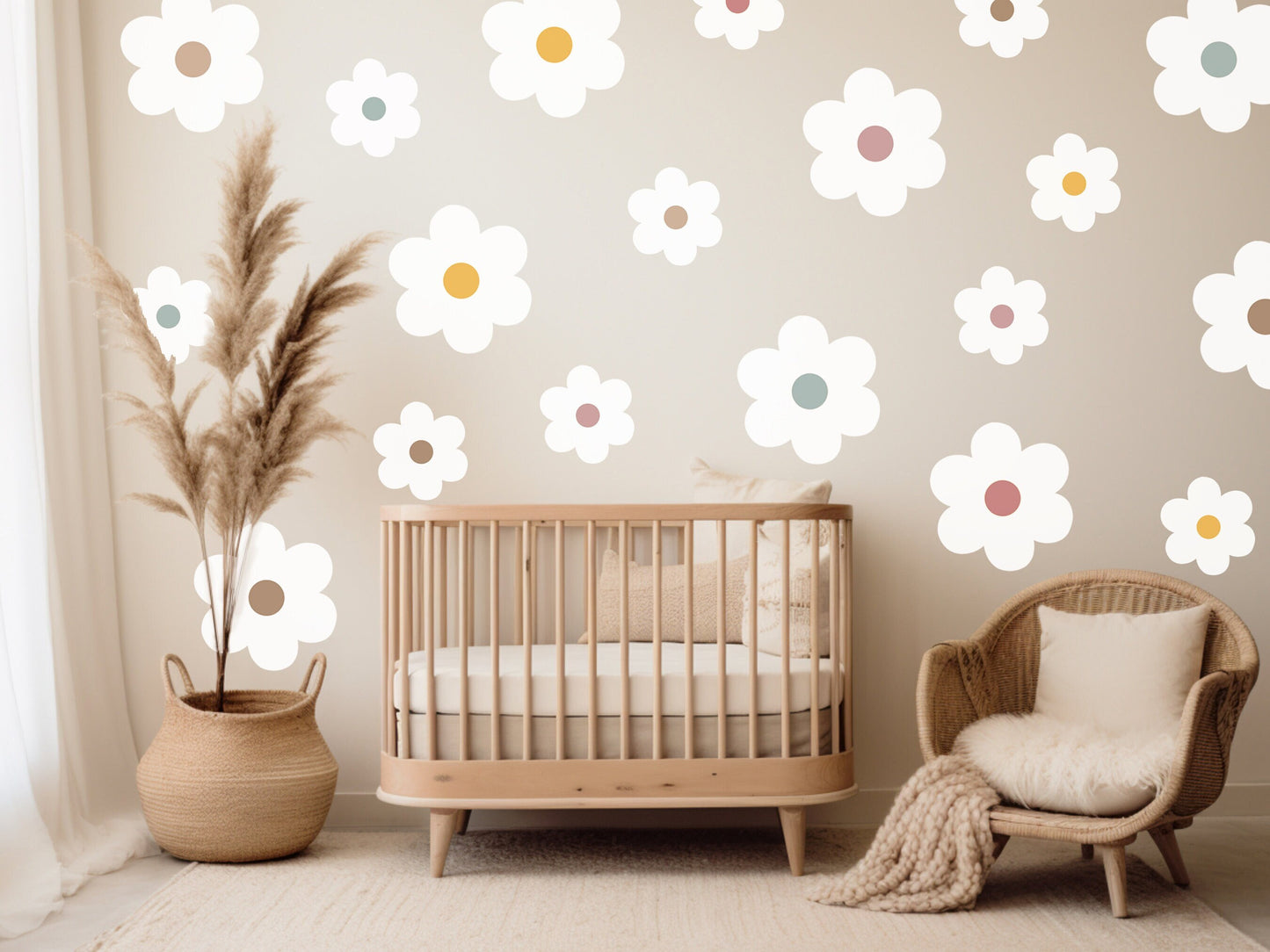 Daisy Flower Wall Stickers Colourful Centres Multiple Sizes Neutral Nursery